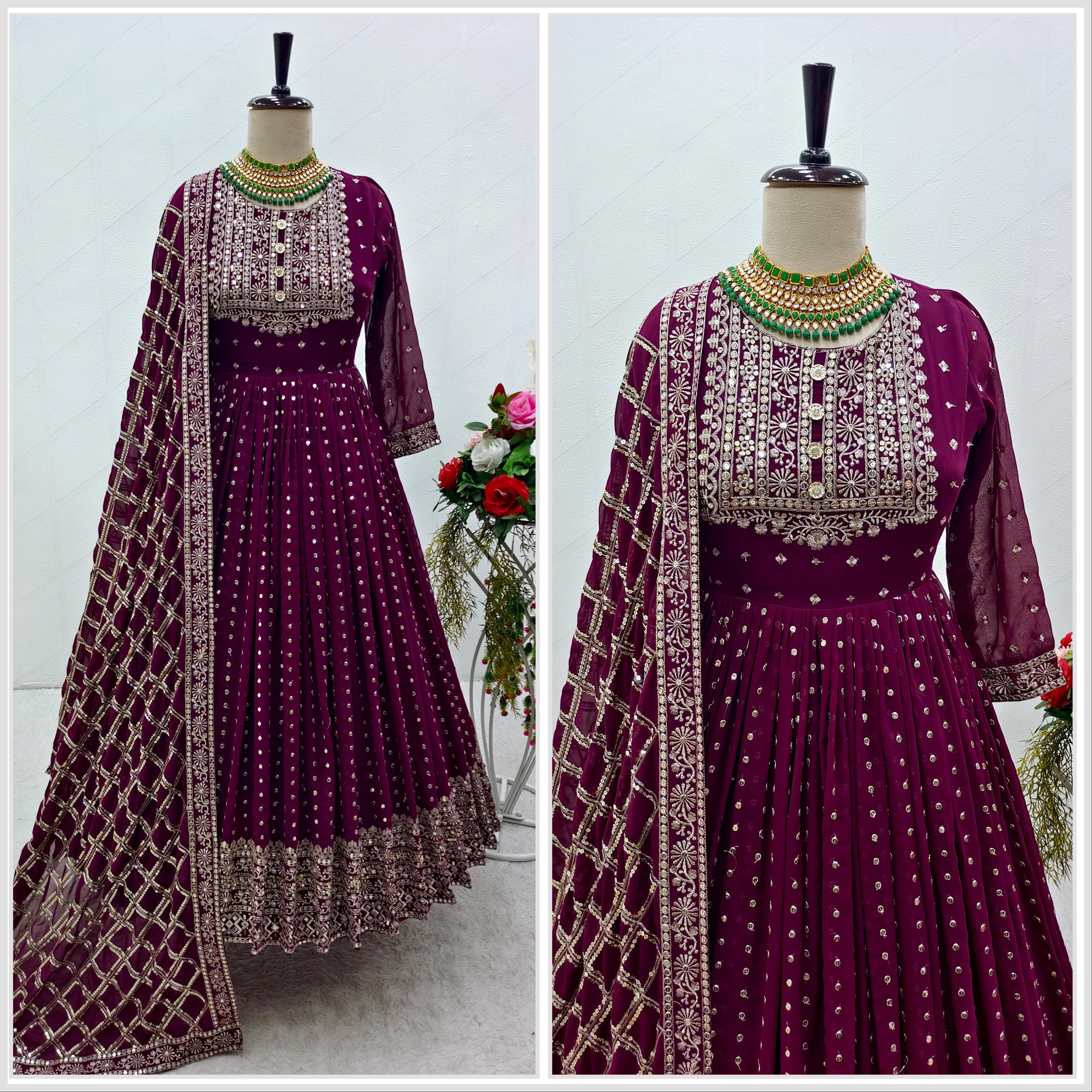 Wedding Wear Purple Embroidery Work Anarkali Gown