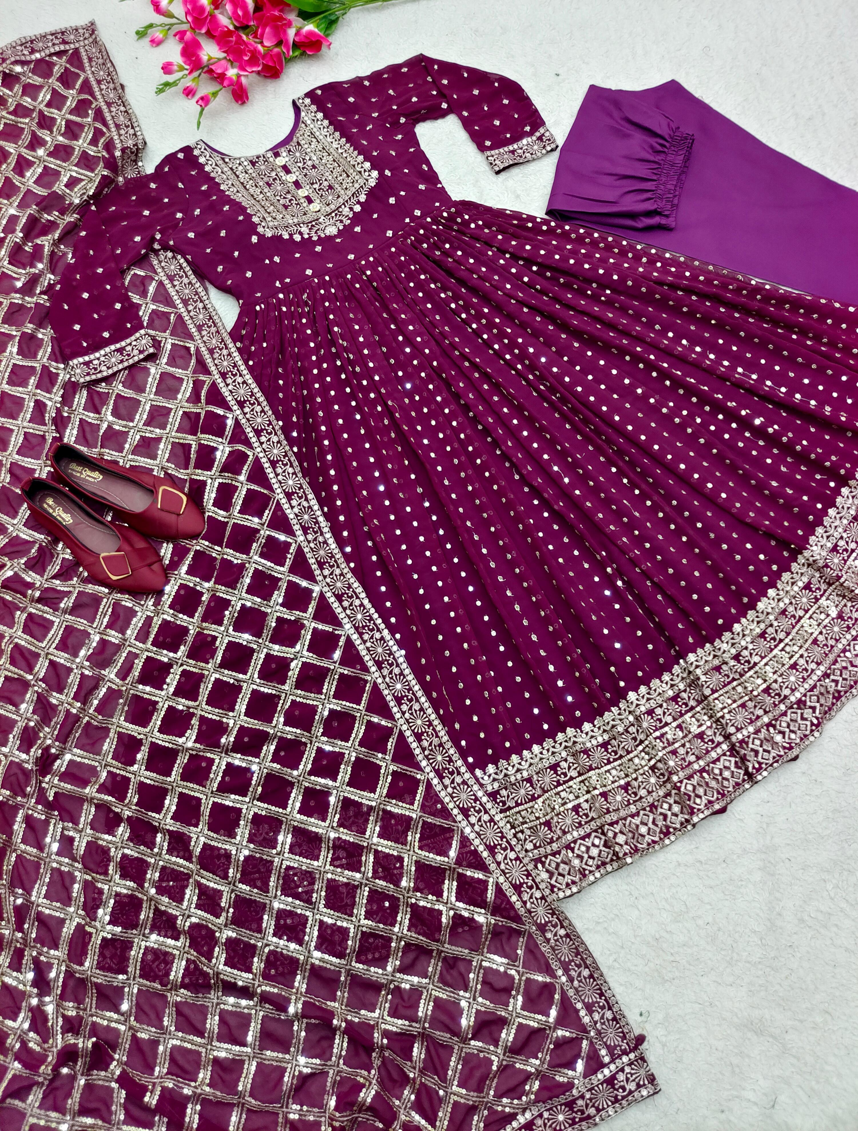 Wedding Wear Purple Embroidery Work Anarkali Gown