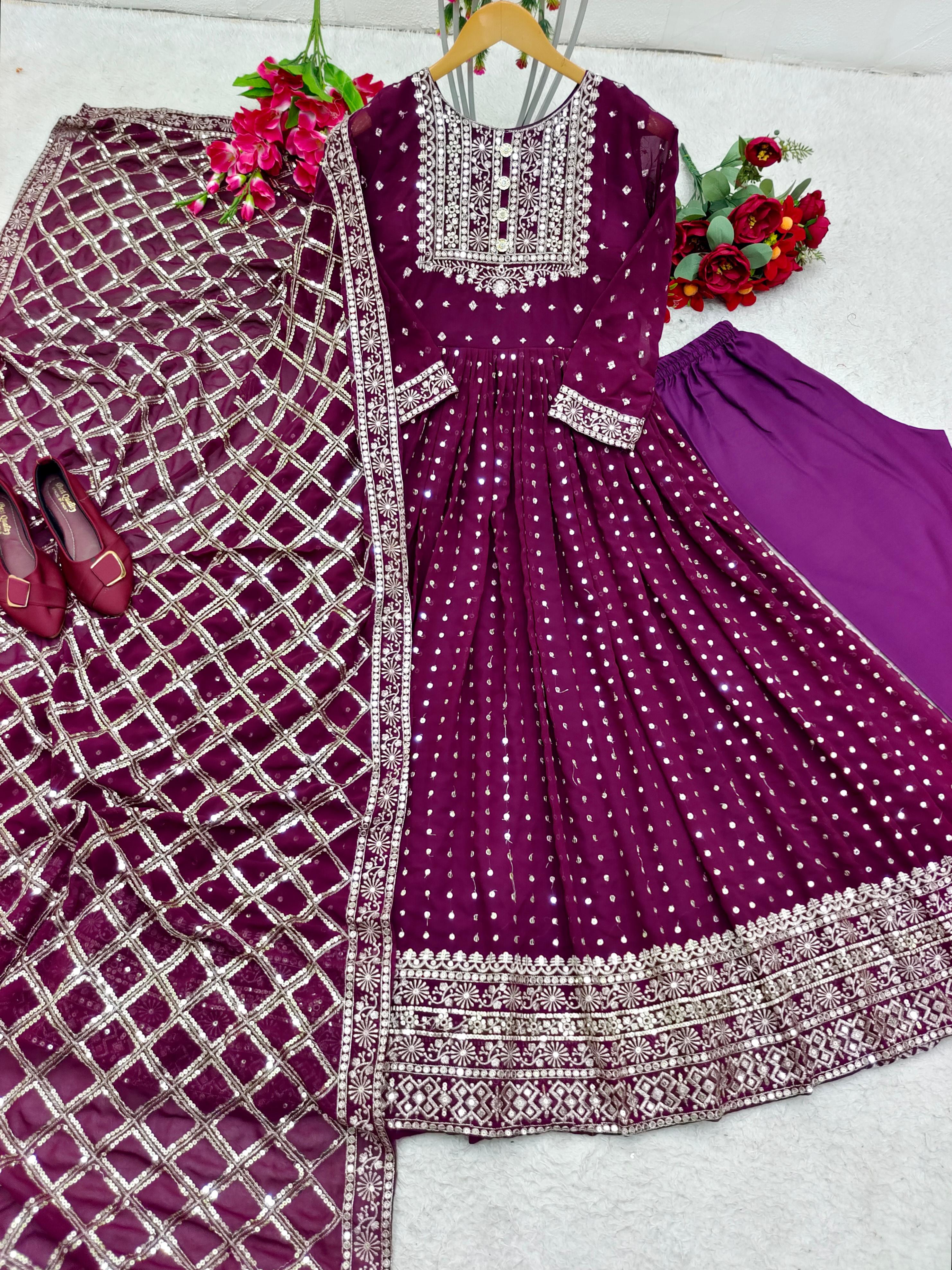 Wedding Wear Purple Embroidery Work Anarkali Gown