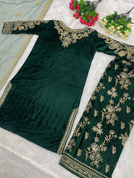 Heavy Work Green Color Velvet Punjabi Suit