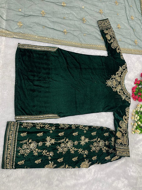 Heavy Work Green Color Velvet Punjabi Suit