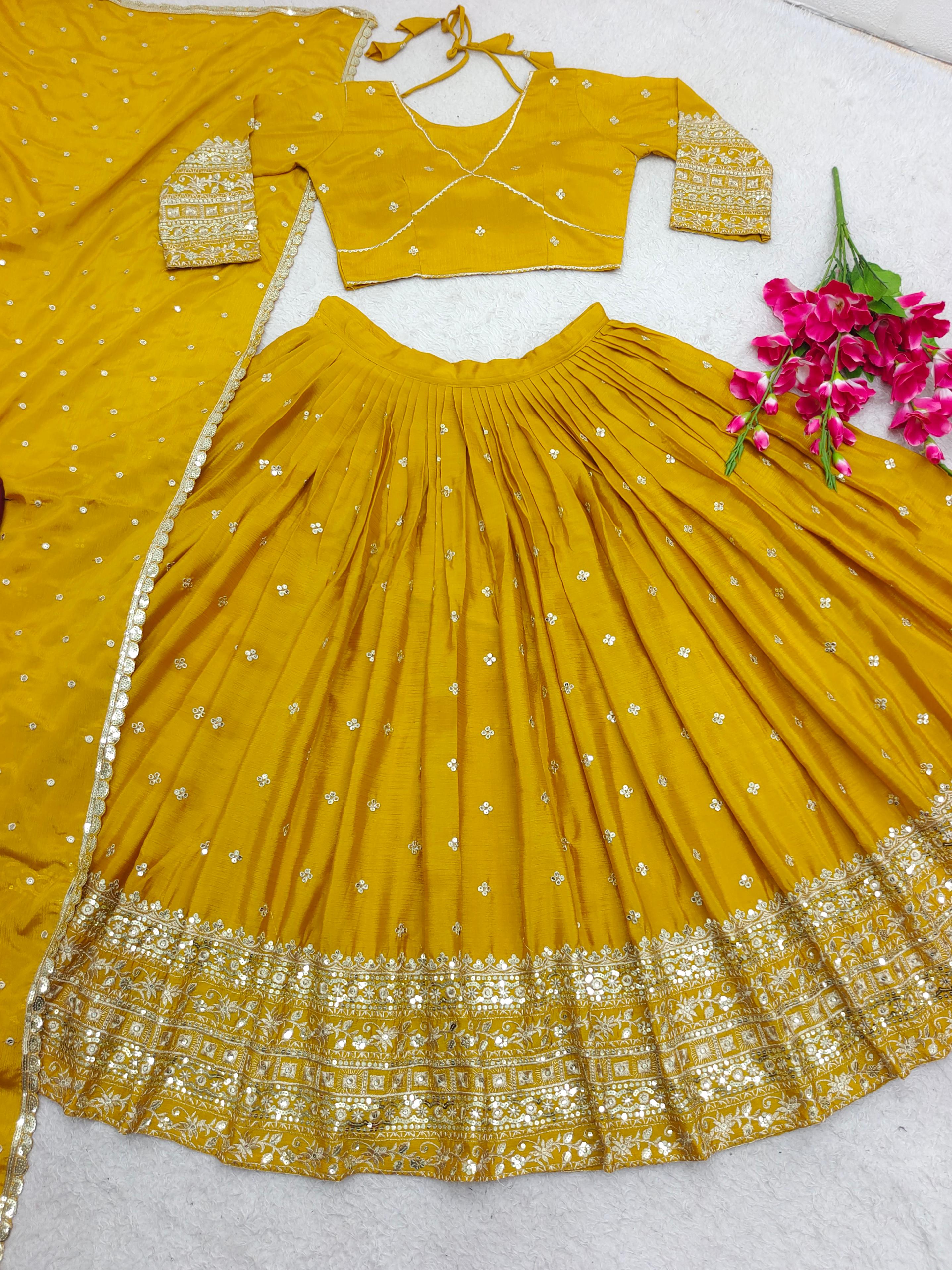 Superhit Yellow Color Embroidery Work Lehenga Choli