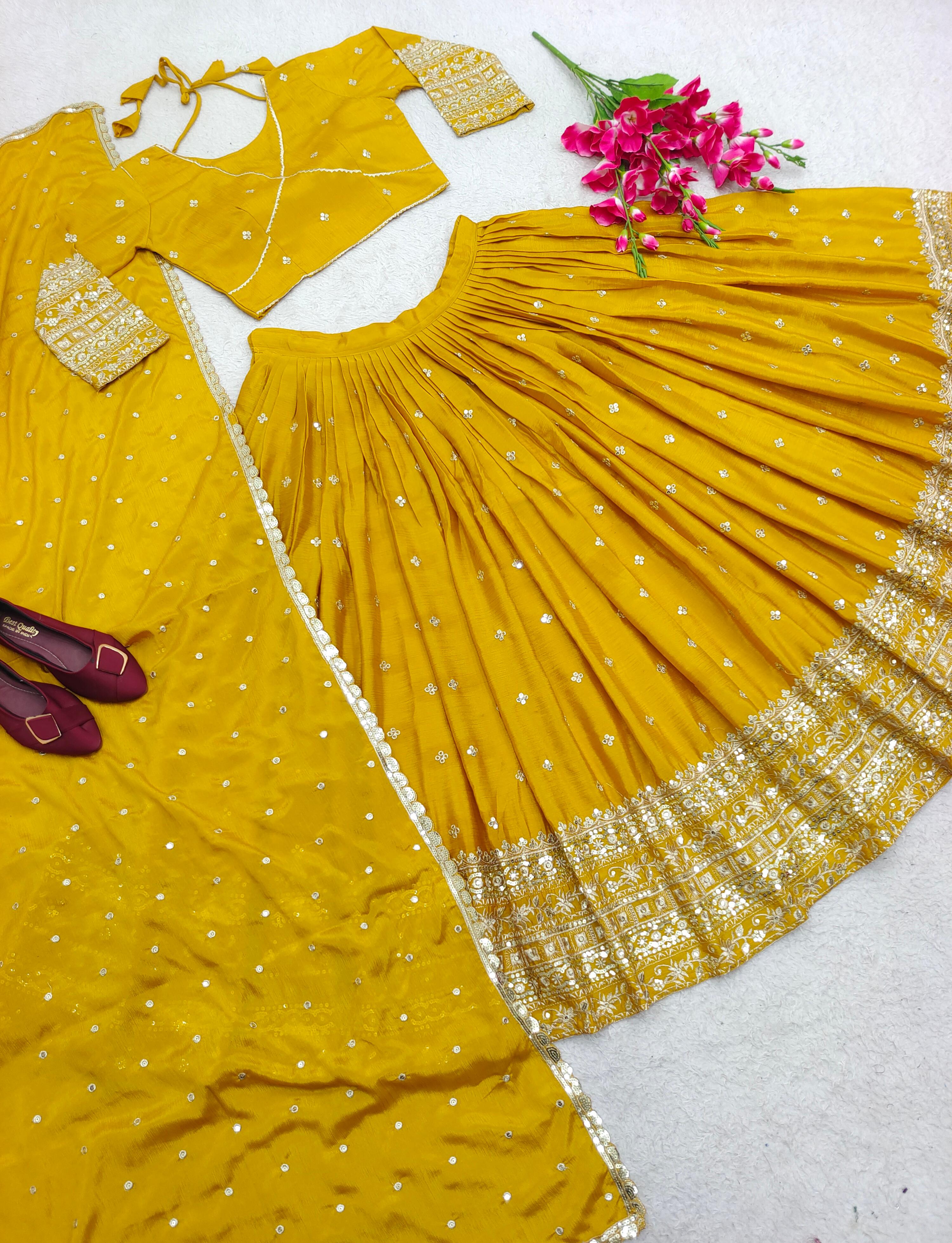 Superhit Yellow Color Embroidery Work Lehenga Choli