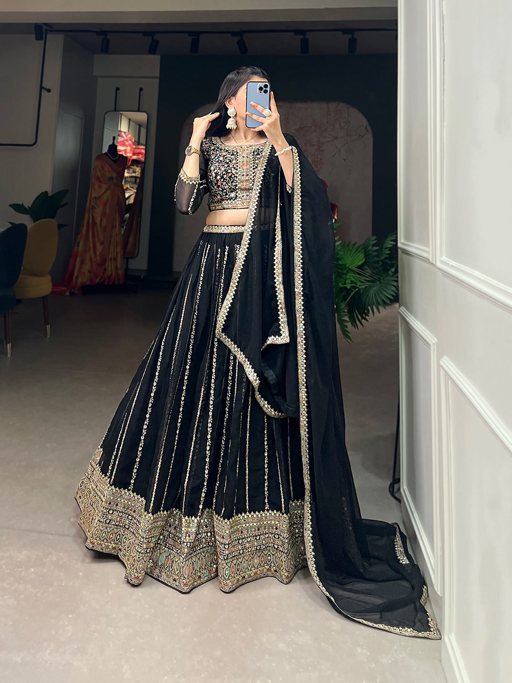 Black Elegant Sequin Stunner Full Sequence Velvet Semi Stitched Leheng –  Parvati Ethnic