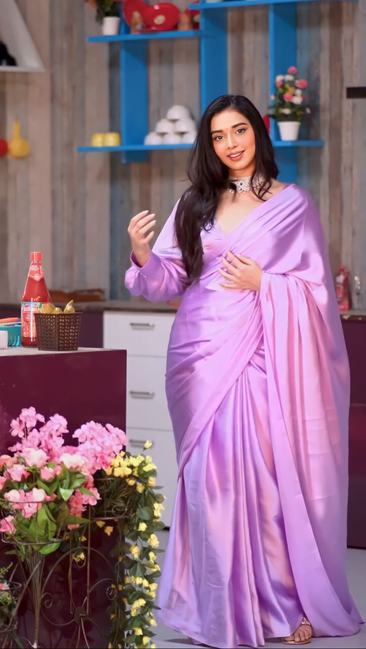 Ready To Wear Lavender Color Plain Satin Silk Saree – Vastra Shop