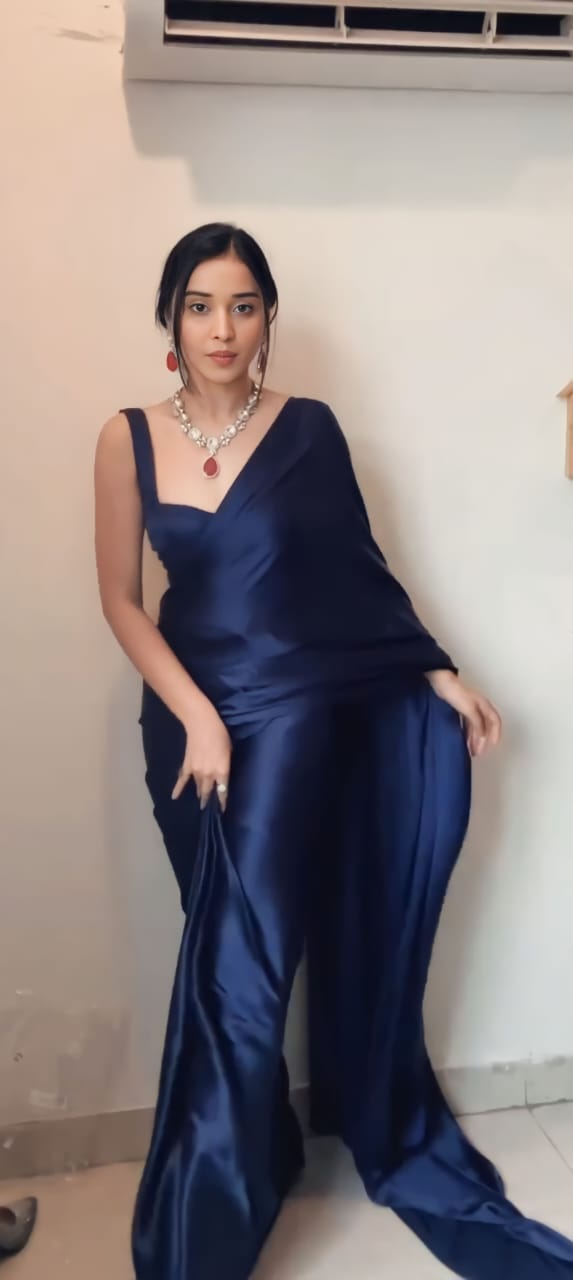 Ready To Wear Blue Color Plain Satin Silk Saree