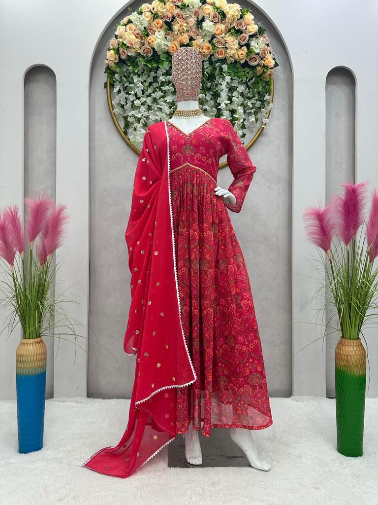 Beige And Red Color Gown With Dupatta