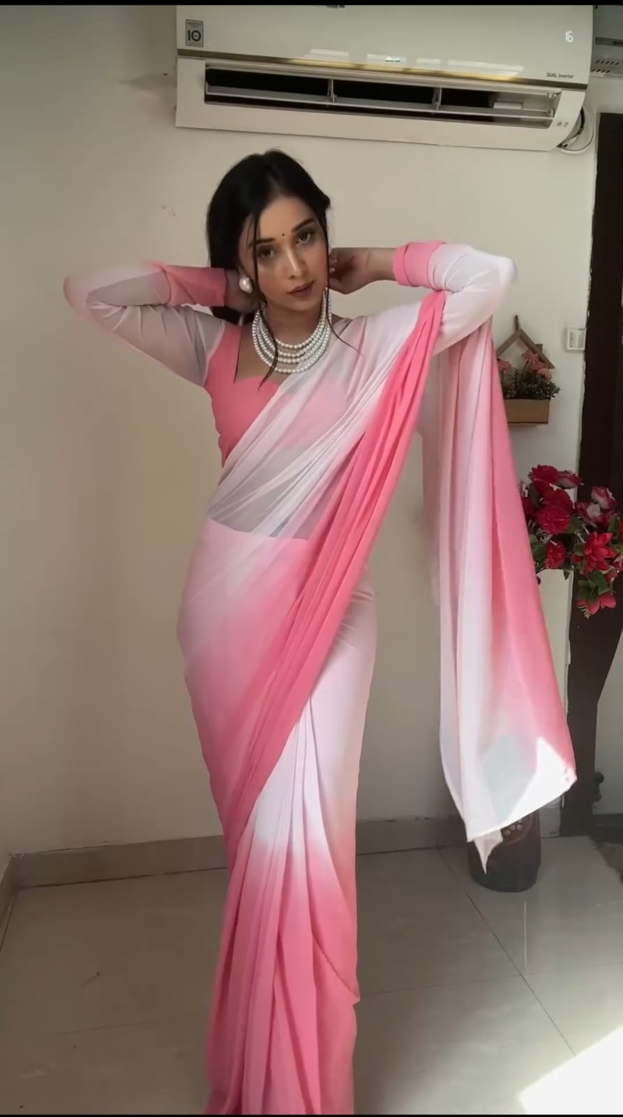 Ready To Wear Light Pink And White Color Saree