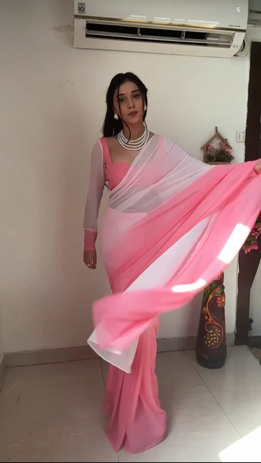 Ready To Wear Light Pink And White Color Saree