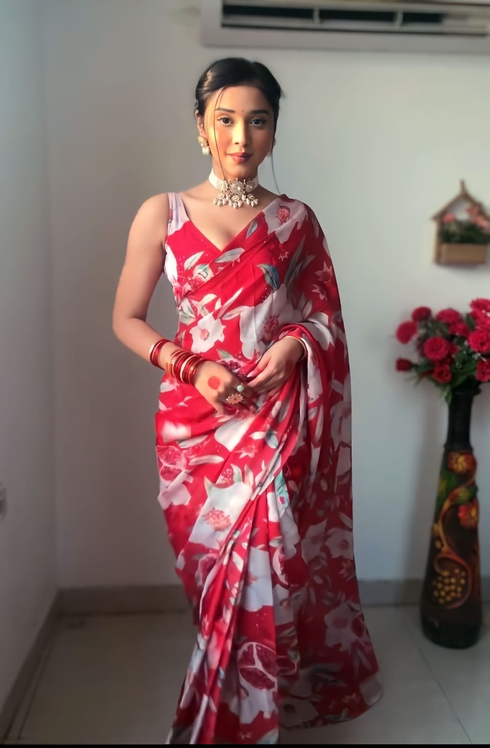 Red Color Ready To Wear Flower Print Saree