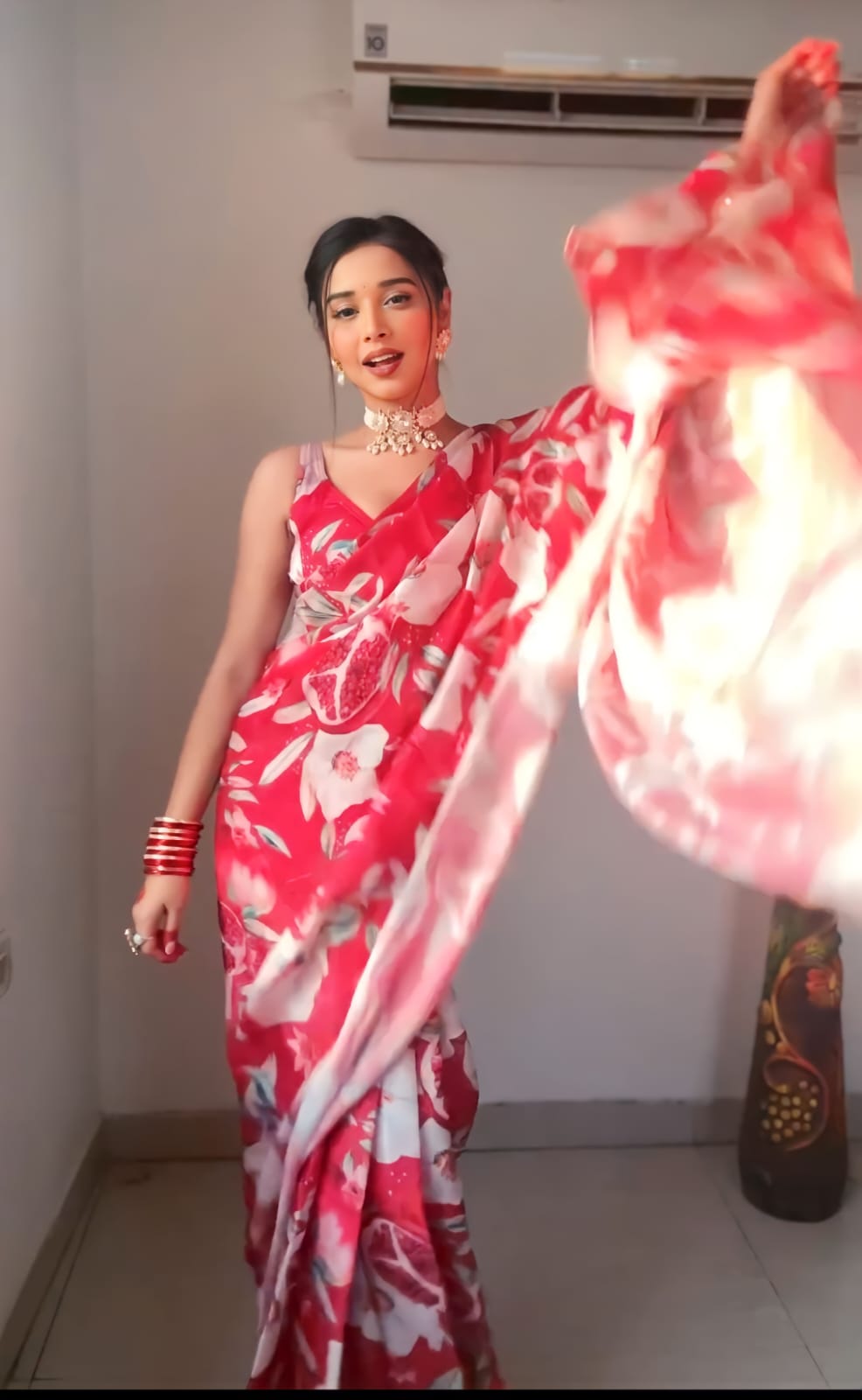 Red Color Ready To Wear Flower Print Saree