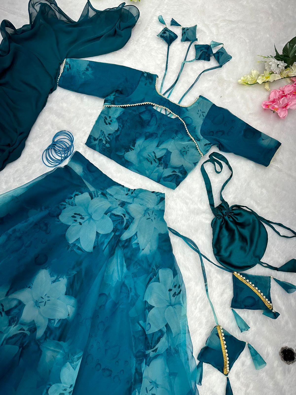 Superhit Teal Blue Printed Organza Silk Lehenga Choli
