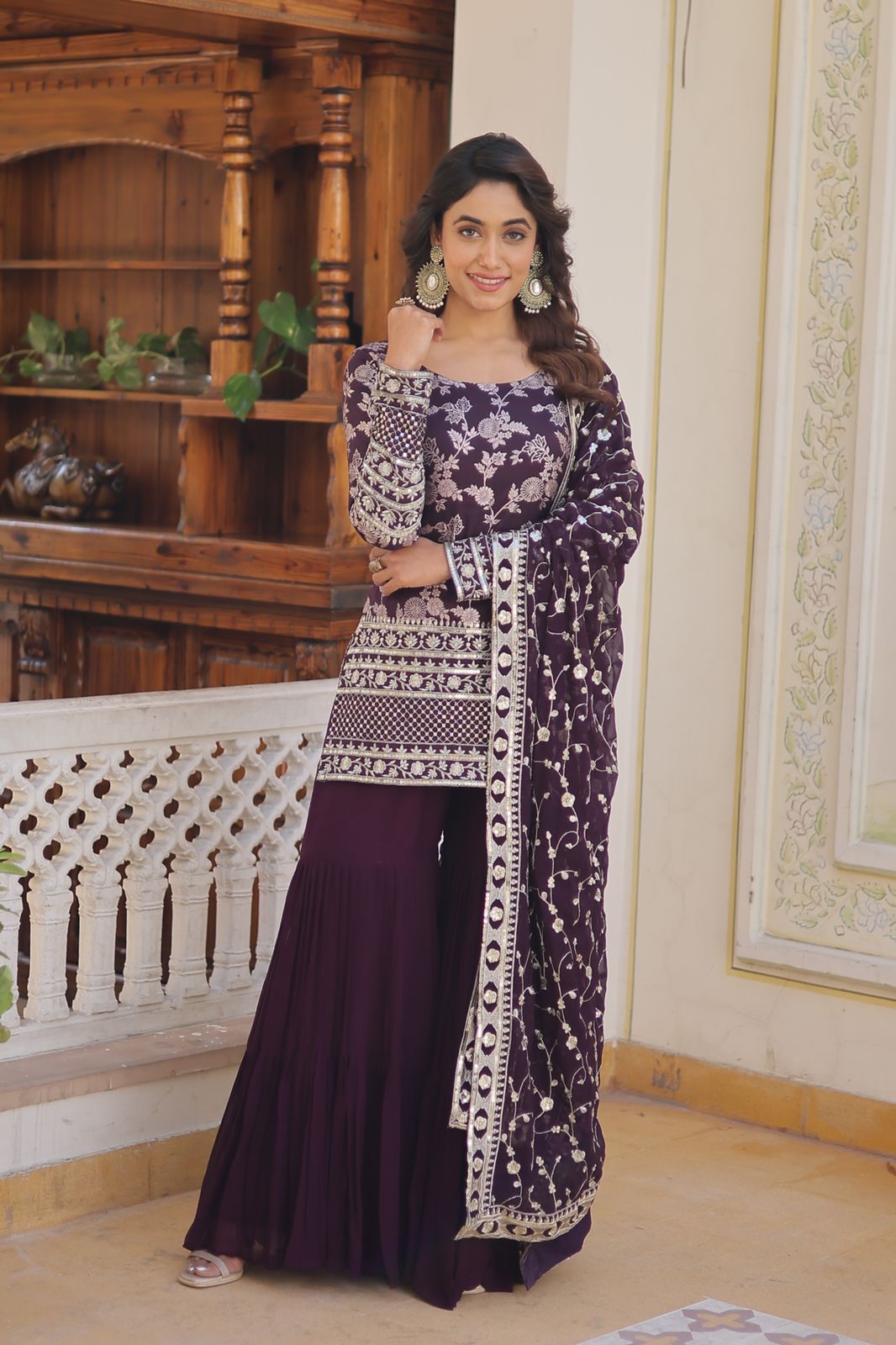 Jacquard Design With Work Wine Color Sharara Suit