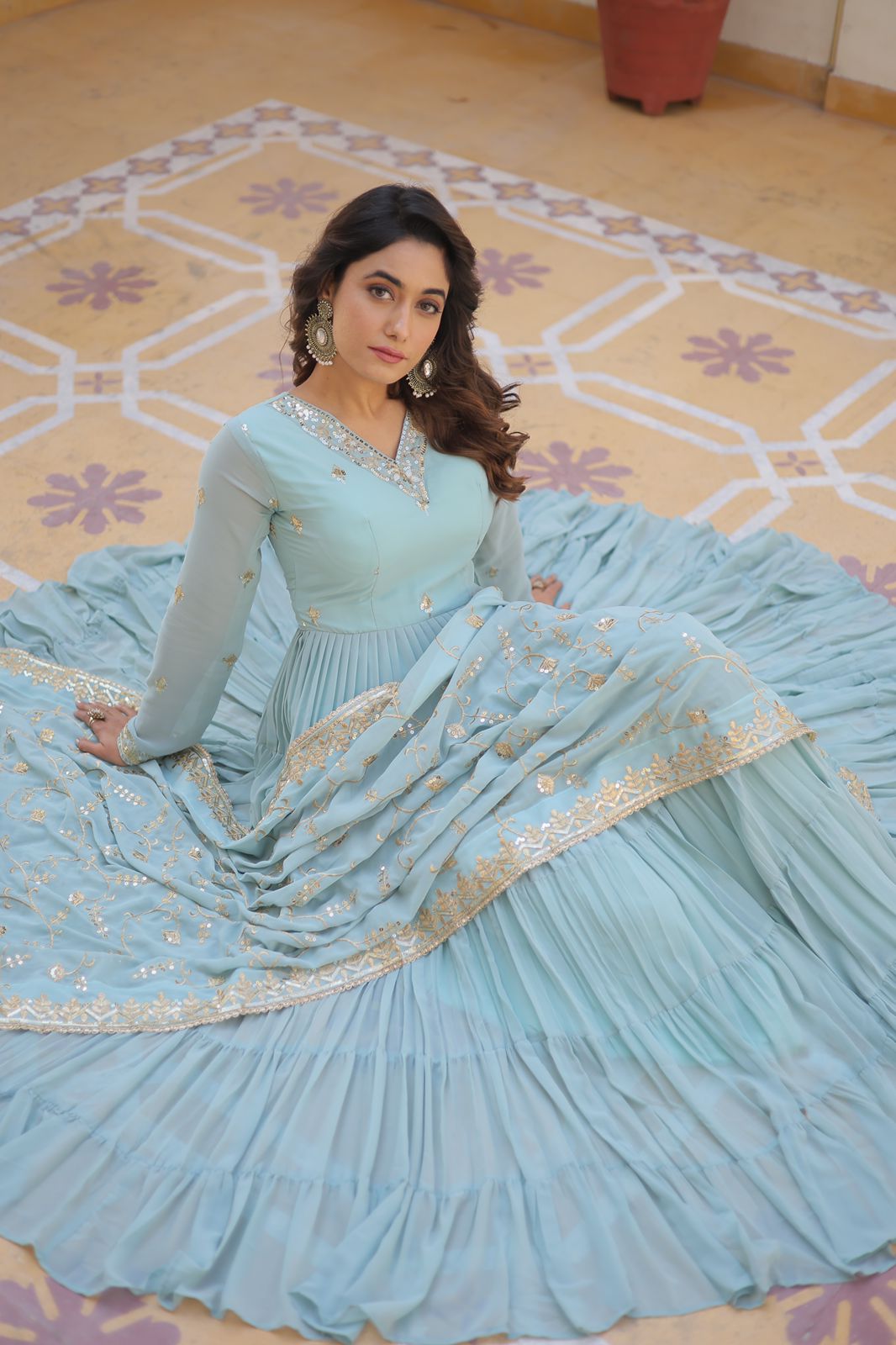Luxuriant Ruffle Sky Blue Gown With Work Dupatta