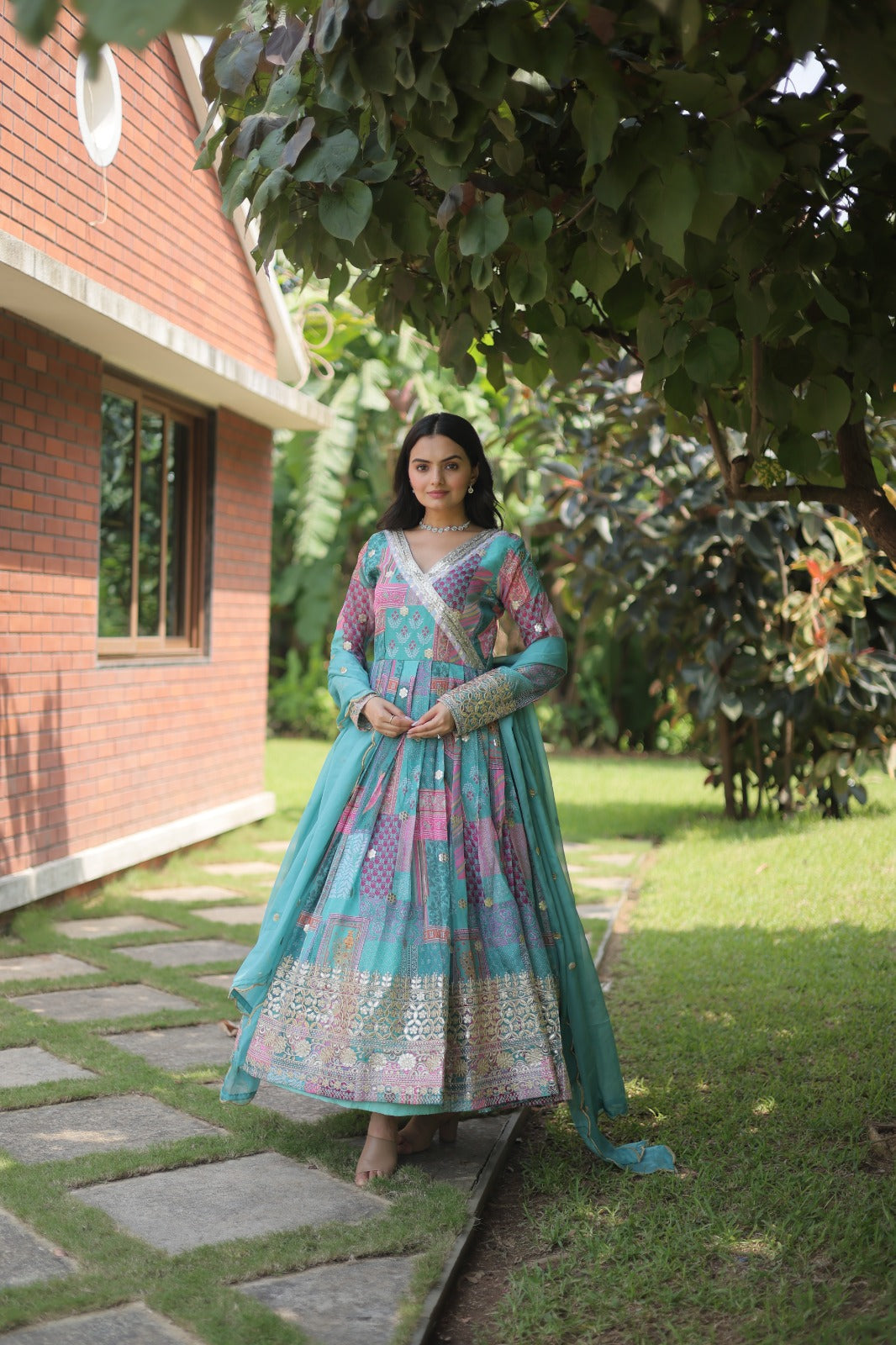 Stylish Aqua Blue Color Embroidery Work Print Gown
