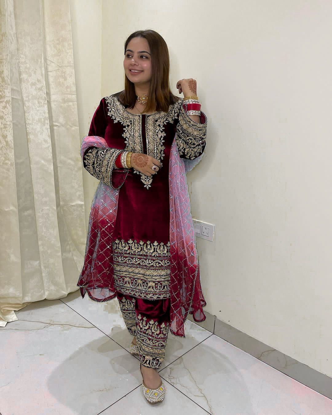 Embellished Embroidery Work Velvet Maroon Color Salwar Suit