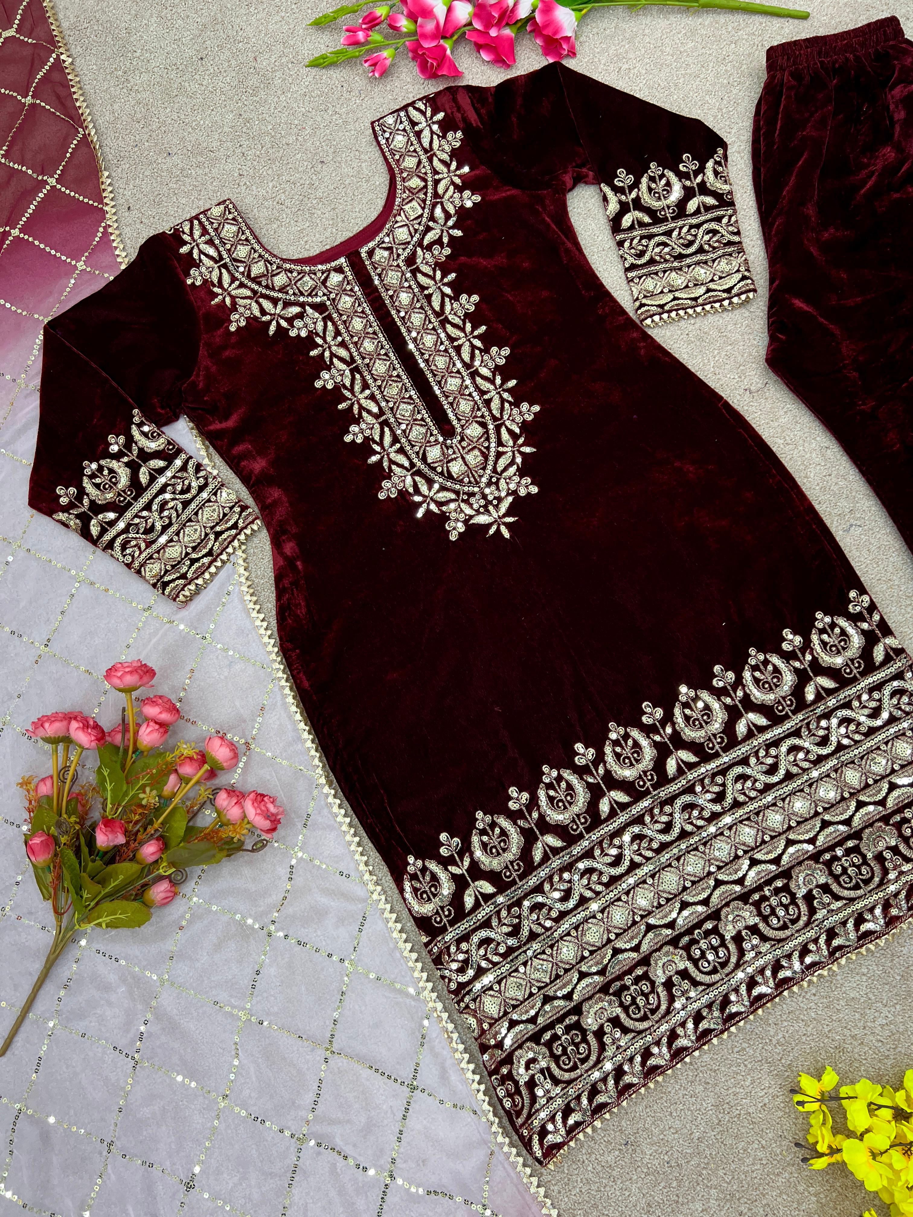 Embellished Embroidery Work Velvet Maroon Color Salwar Suit