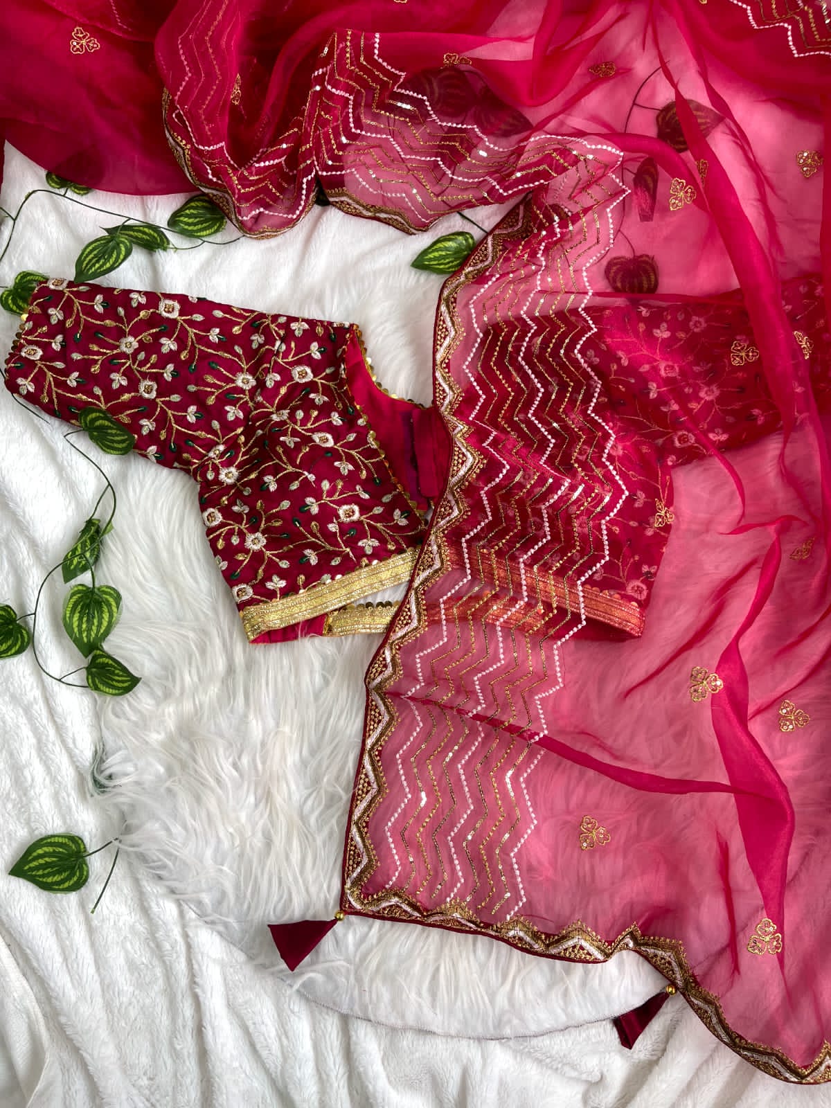 Beautiful Pink Color Thread Work Organza Saree