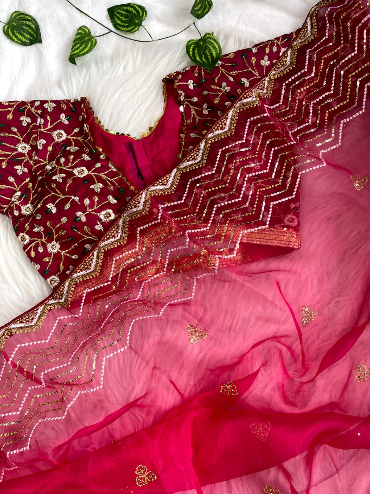 Beautiful Pink Color Thread Work Organza Saree