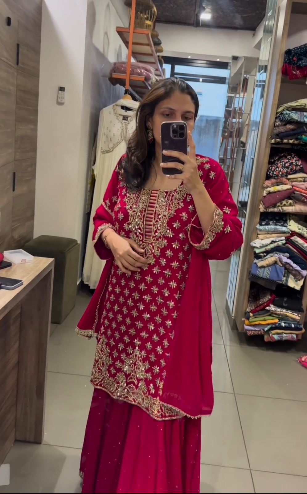 Heavy Embroidery Work Dark Pink Color Sharara Suit
