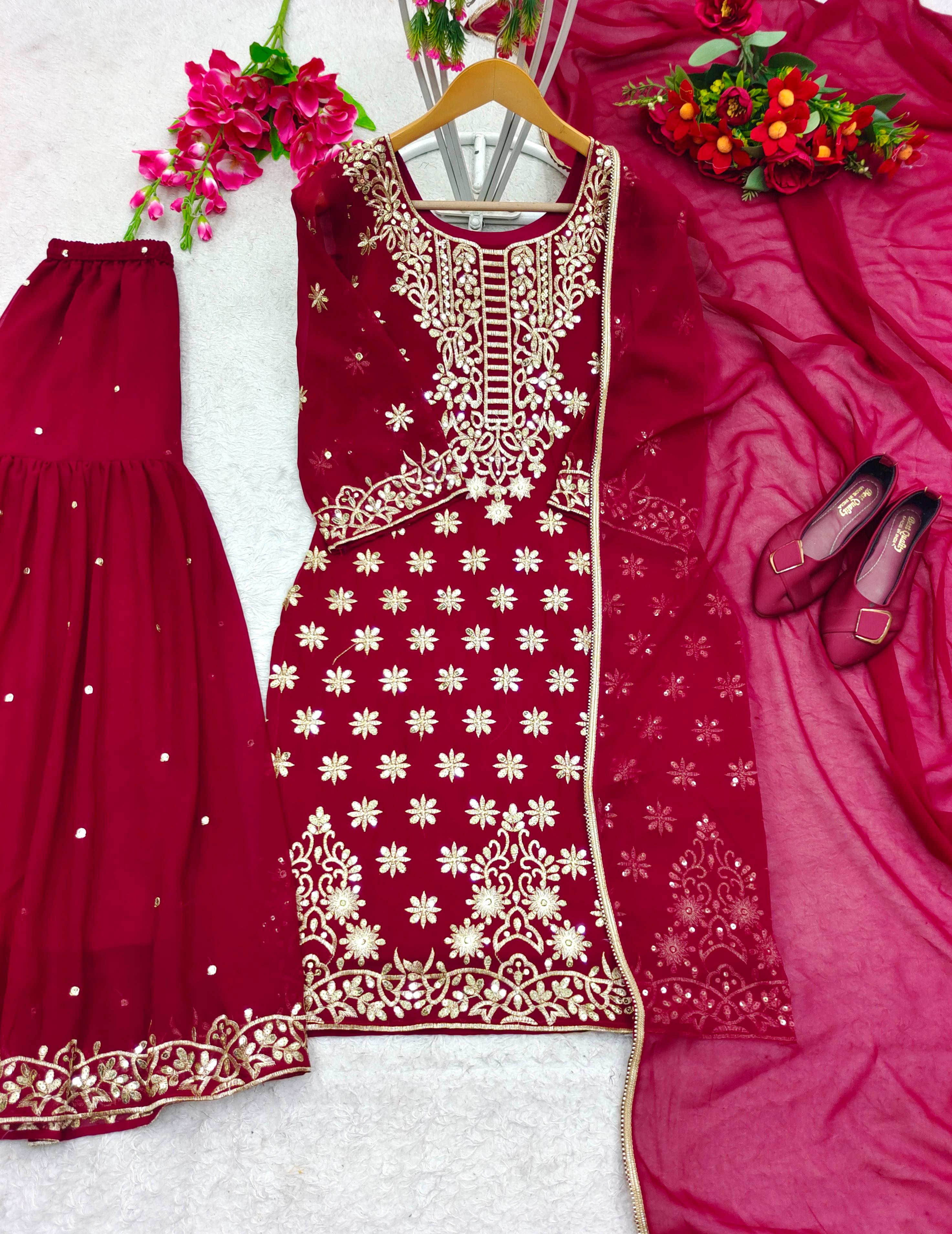 Heavy Embroidery Work Dark Pink Color Sharara Suit