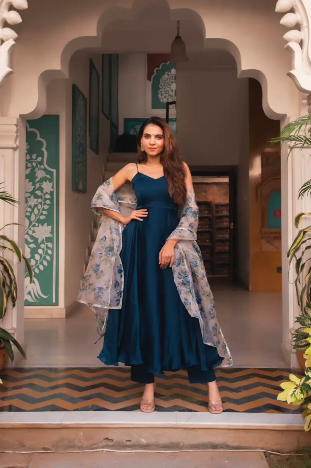 Mesmerizing Navy Blue Gown With Organza Printed Dupatta