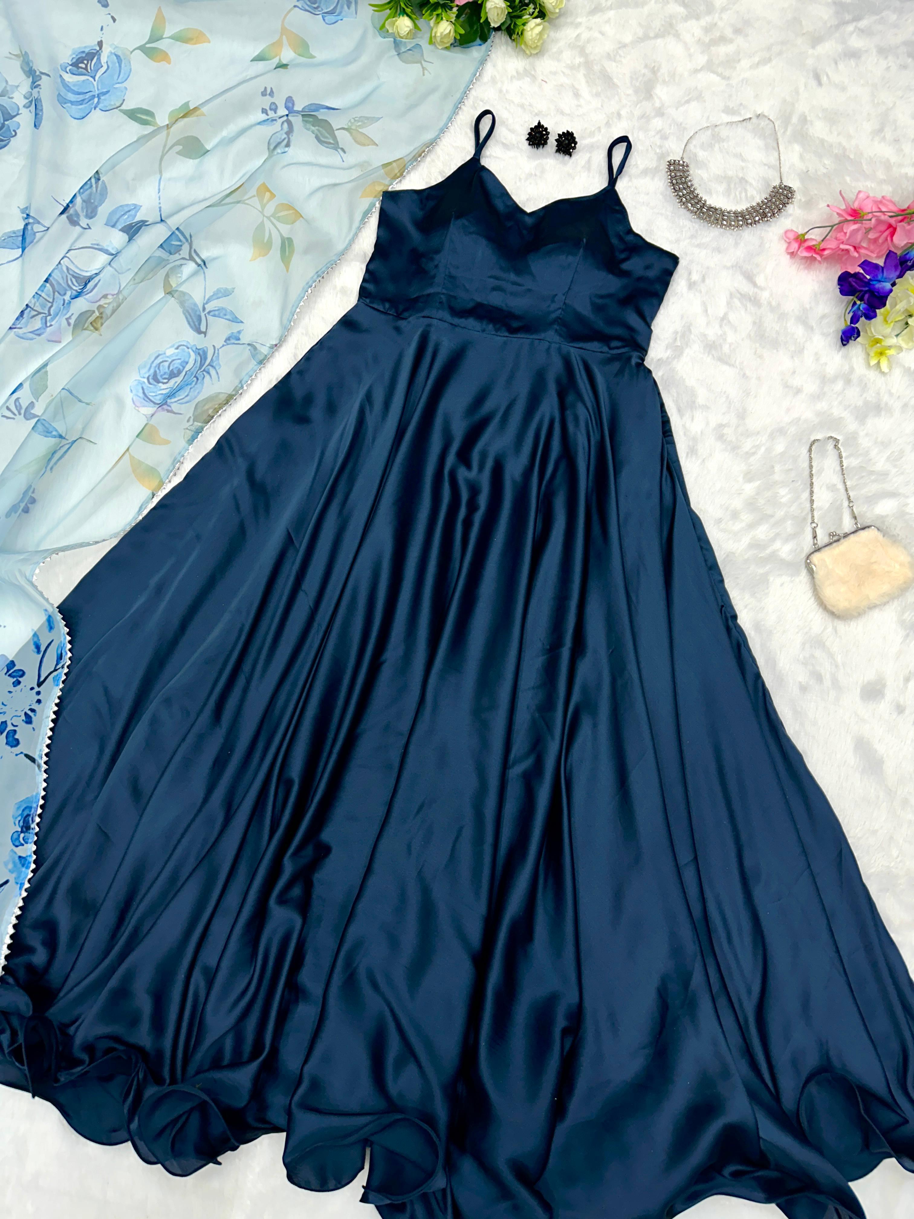 Mesmerizing Navy Blue Gown With Organza Printed Dupatta