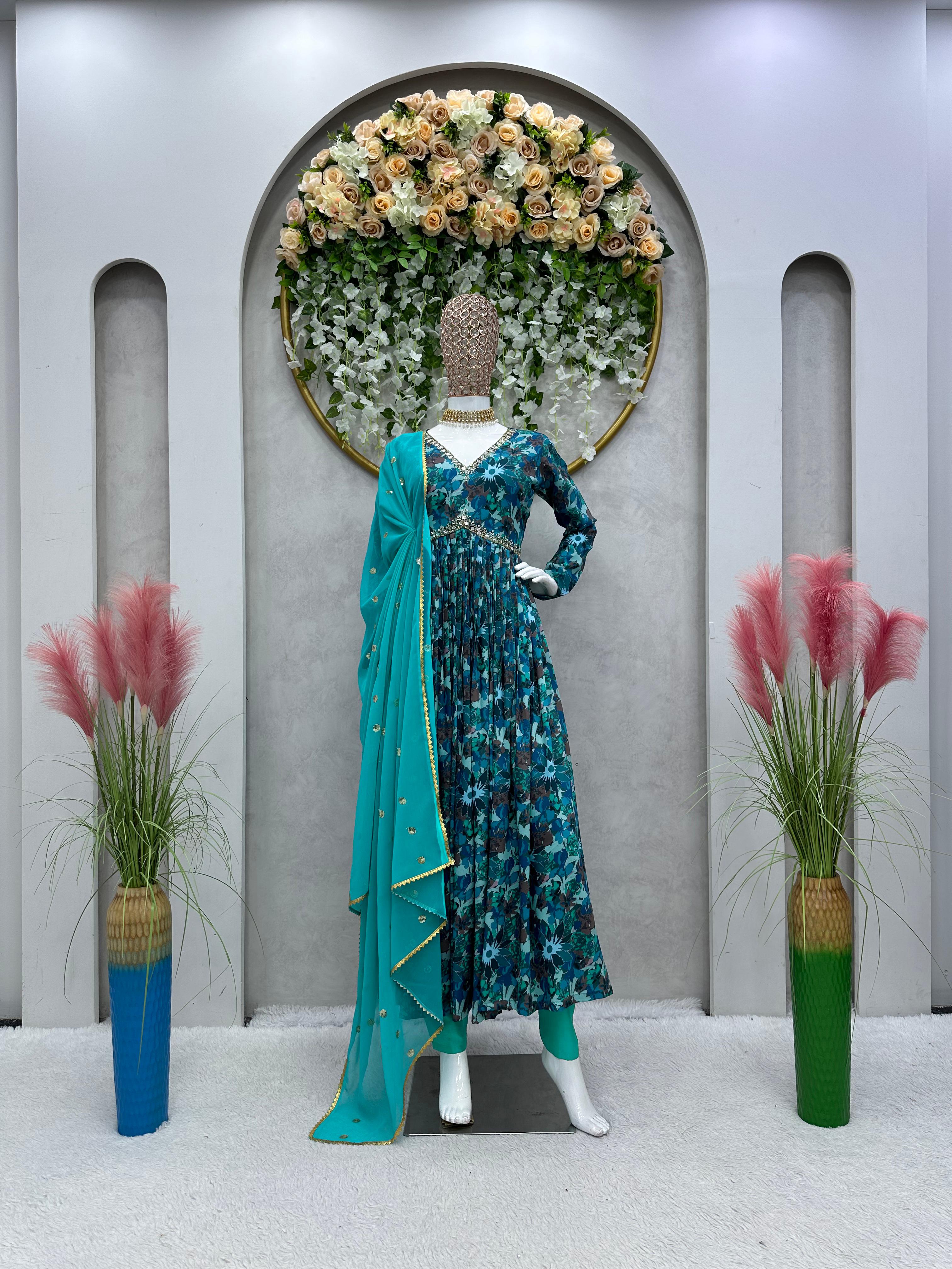 Stylish Aqua Blue Digital Print Gown Pant With Dupatta