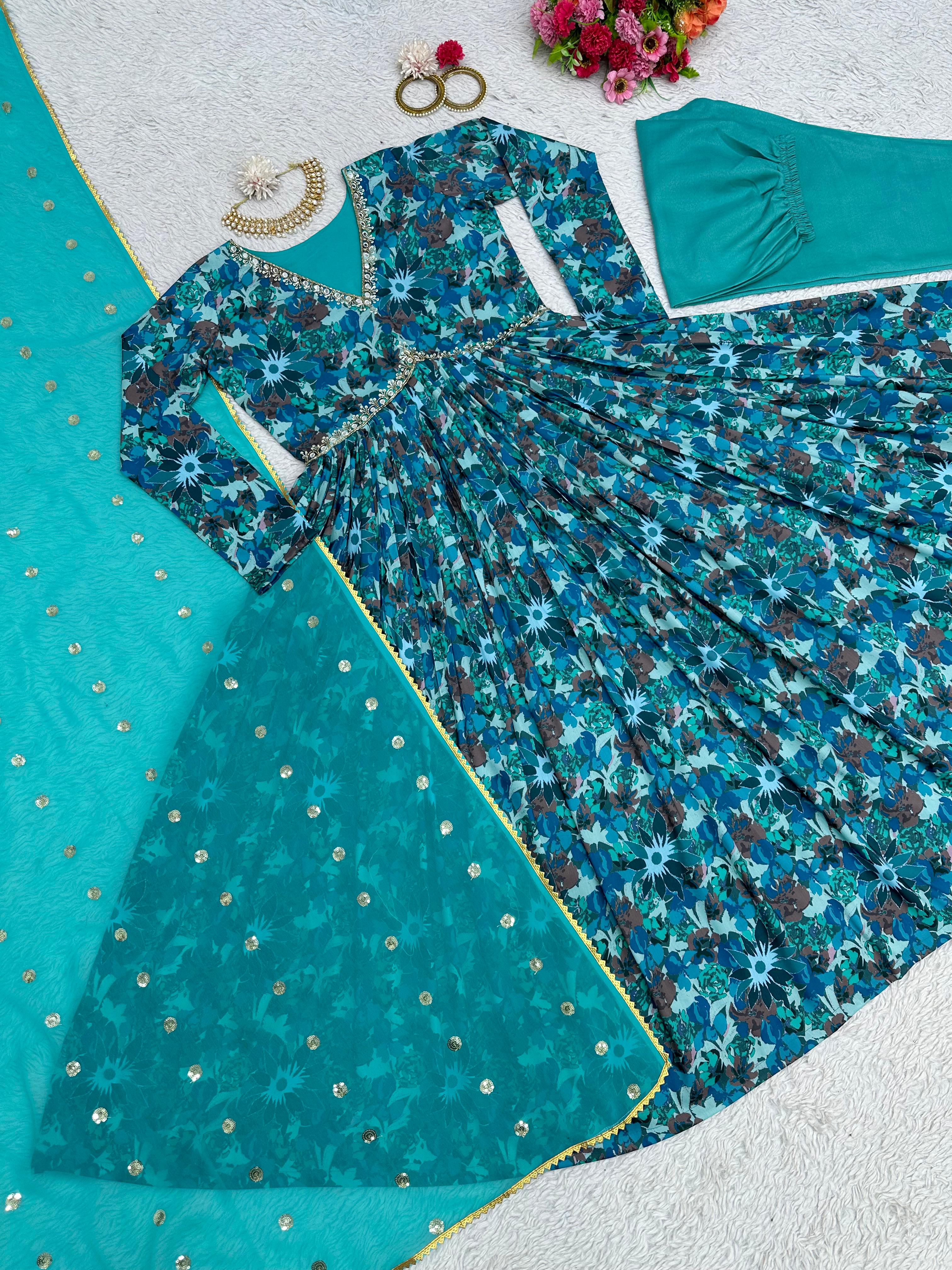 Stylish Aqua Blue Digital Print Gown Pant With Dupatta