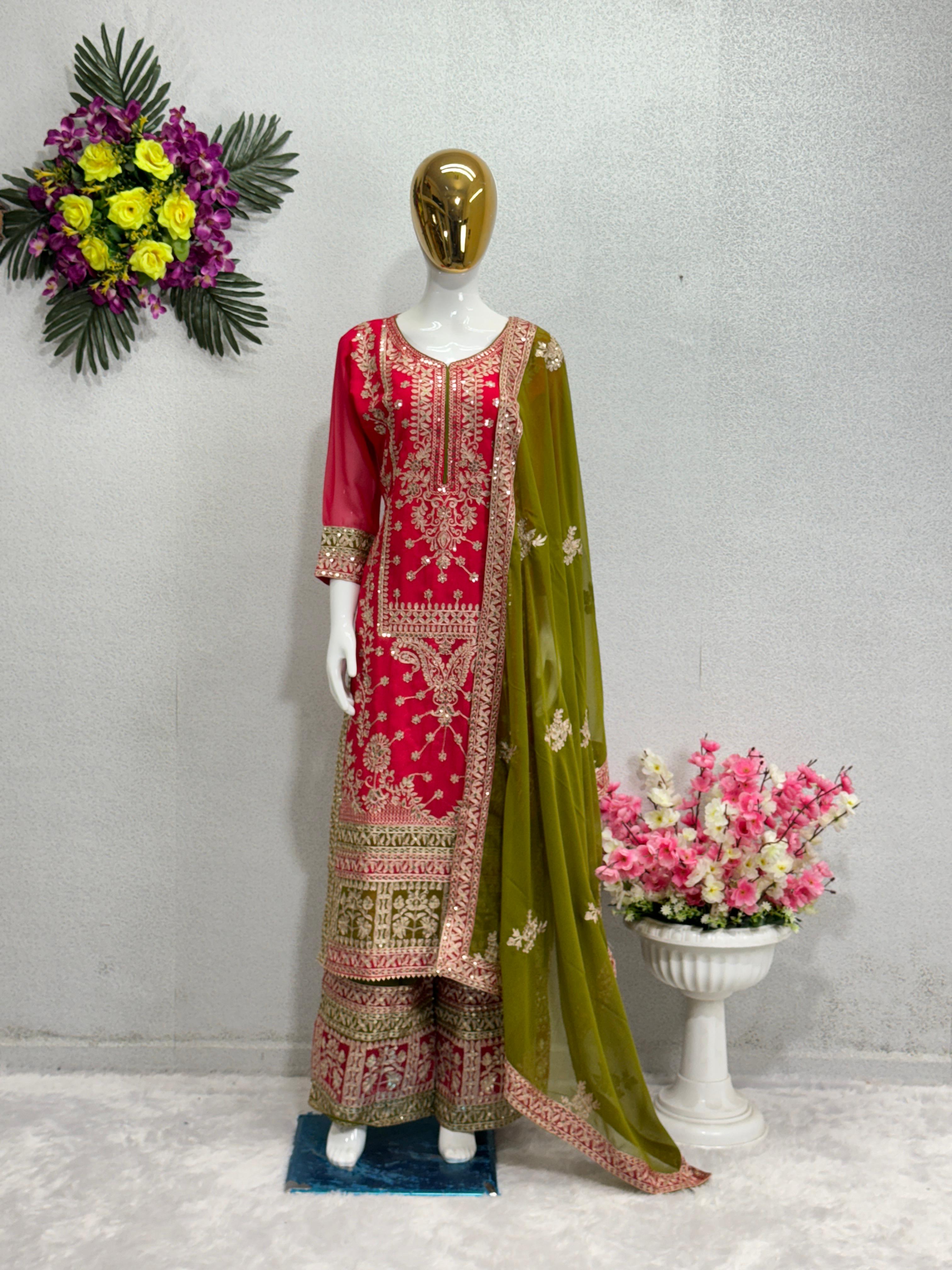 Pink With Green Color Heavy Work Pakistani Suit