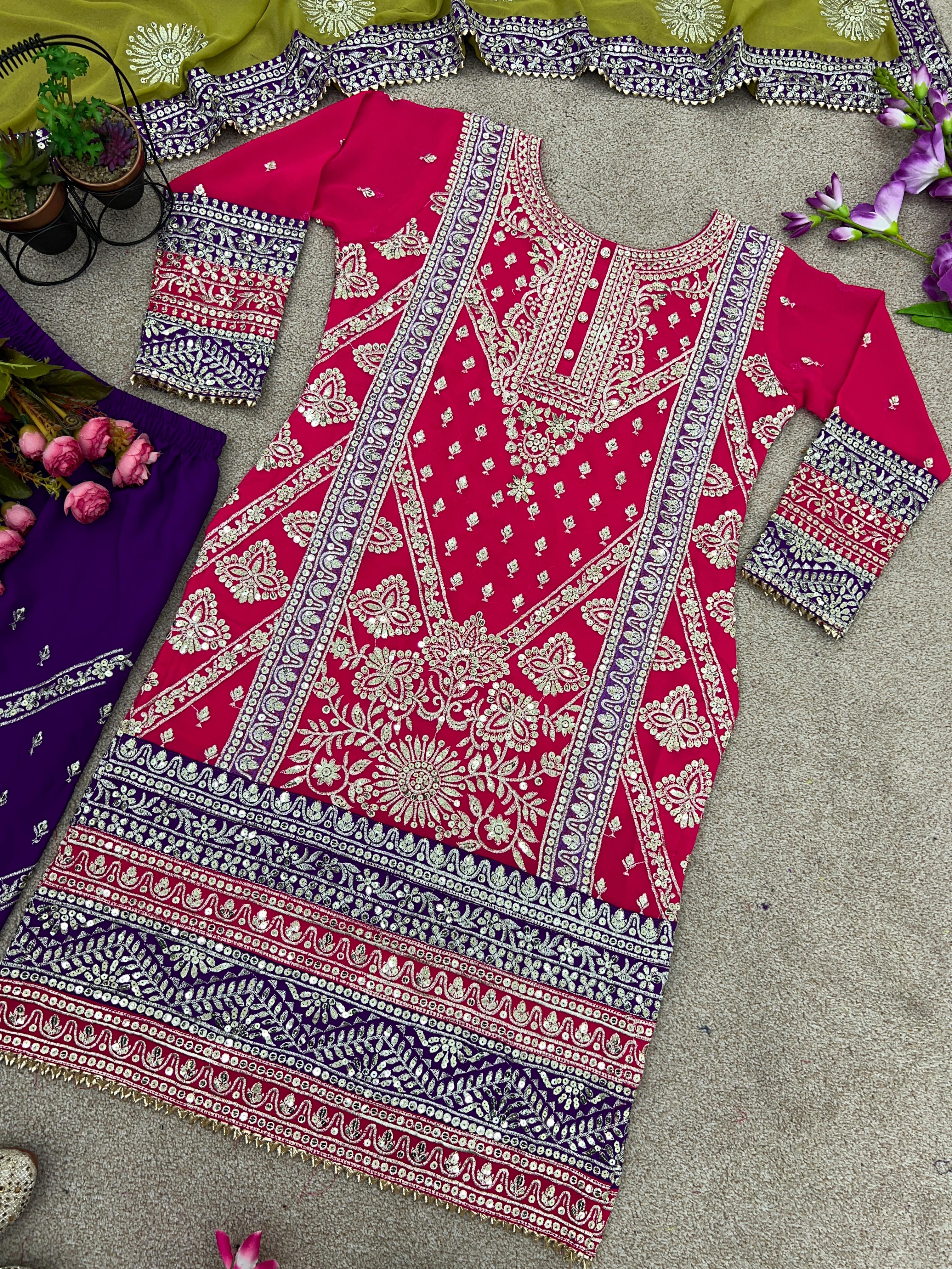 Decent Pink Color Full Embroidery Work Palazzo Suit