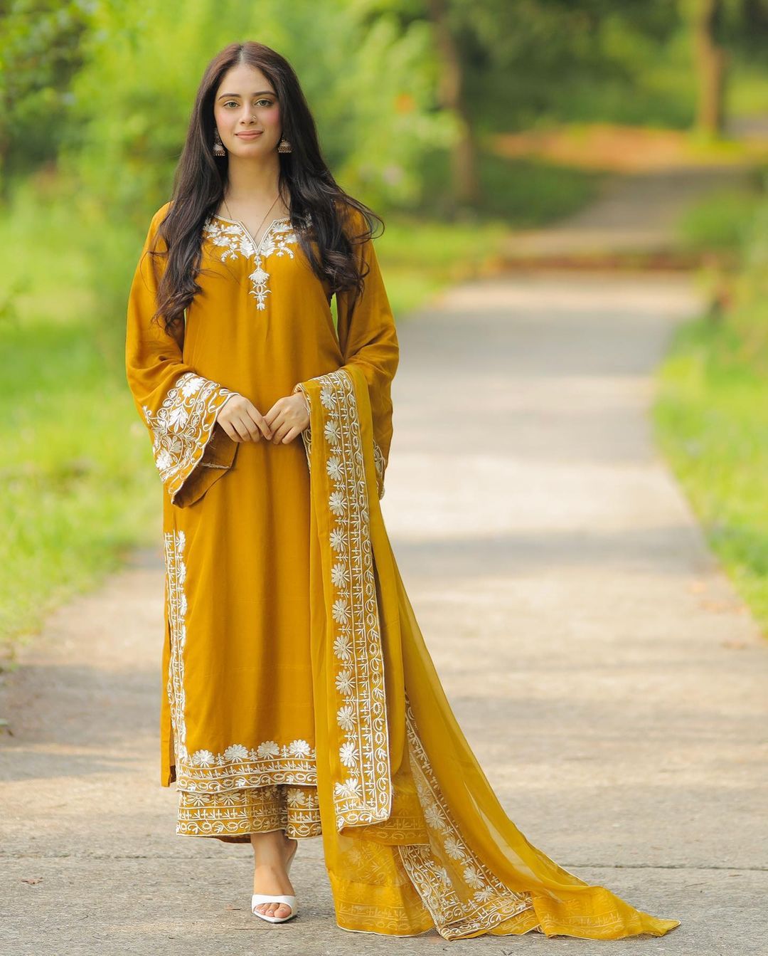 Amazing Mustard Color Embroidery Thread Work Palazzo Suit