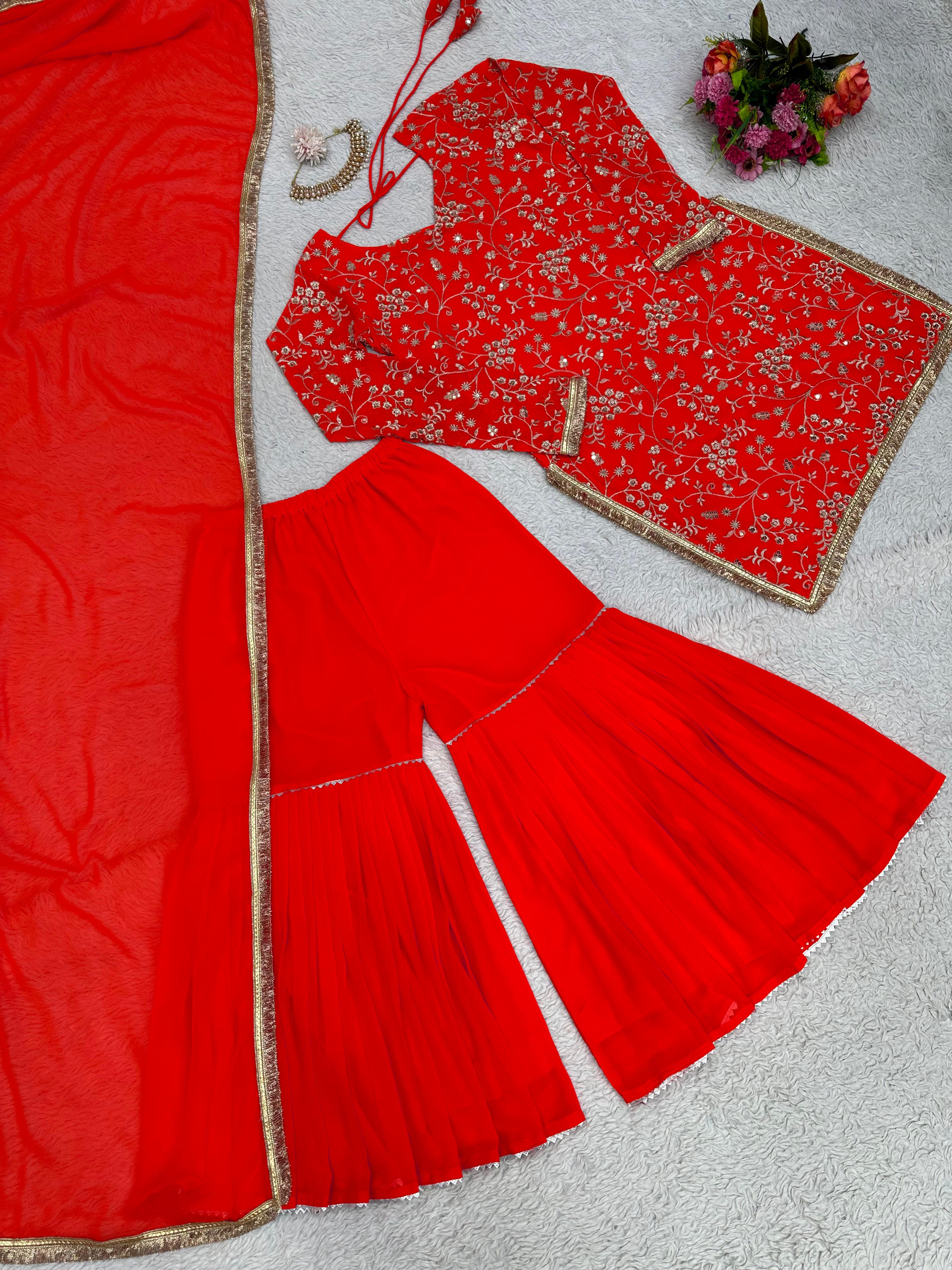 Charming Red Color Embroidery Work Sharara Suit