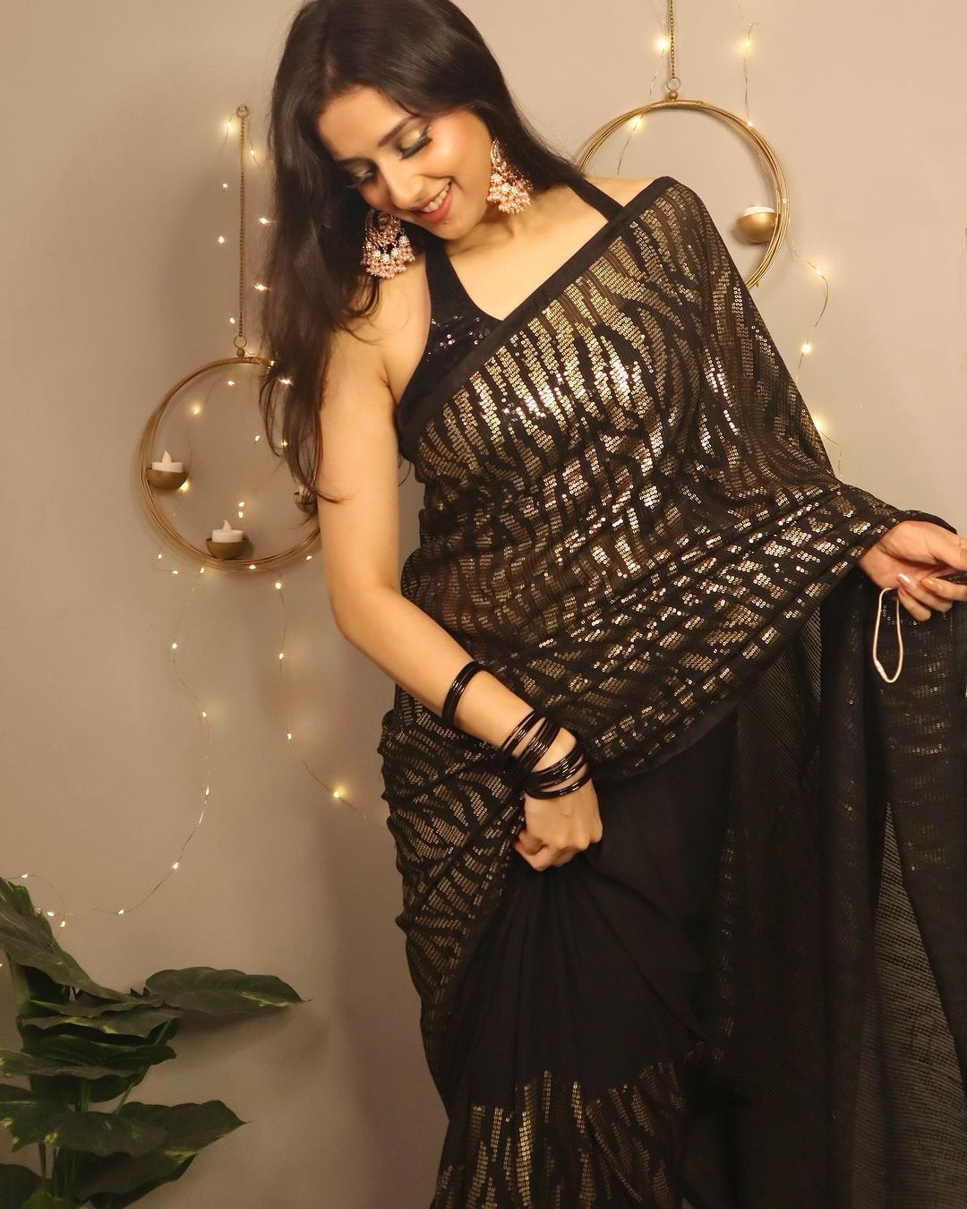 Captivating Black Color Sequence Work Saree
