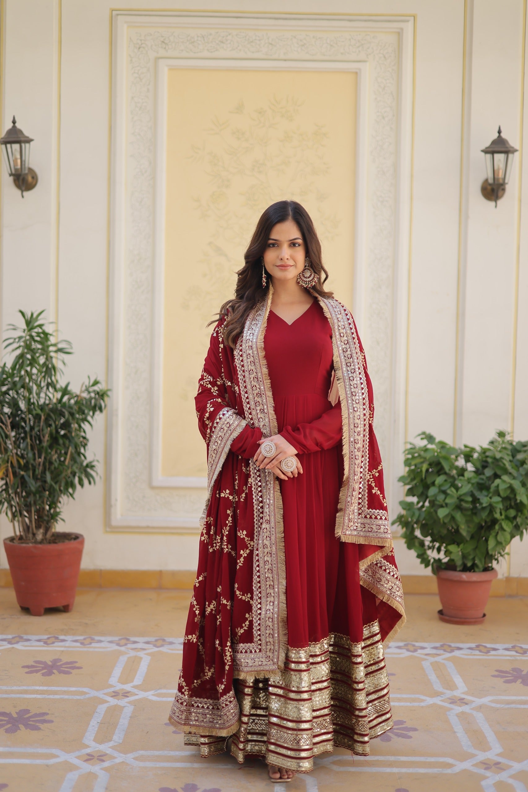 Wedding Wear Maroon Color Gown With Heavy Dupatta