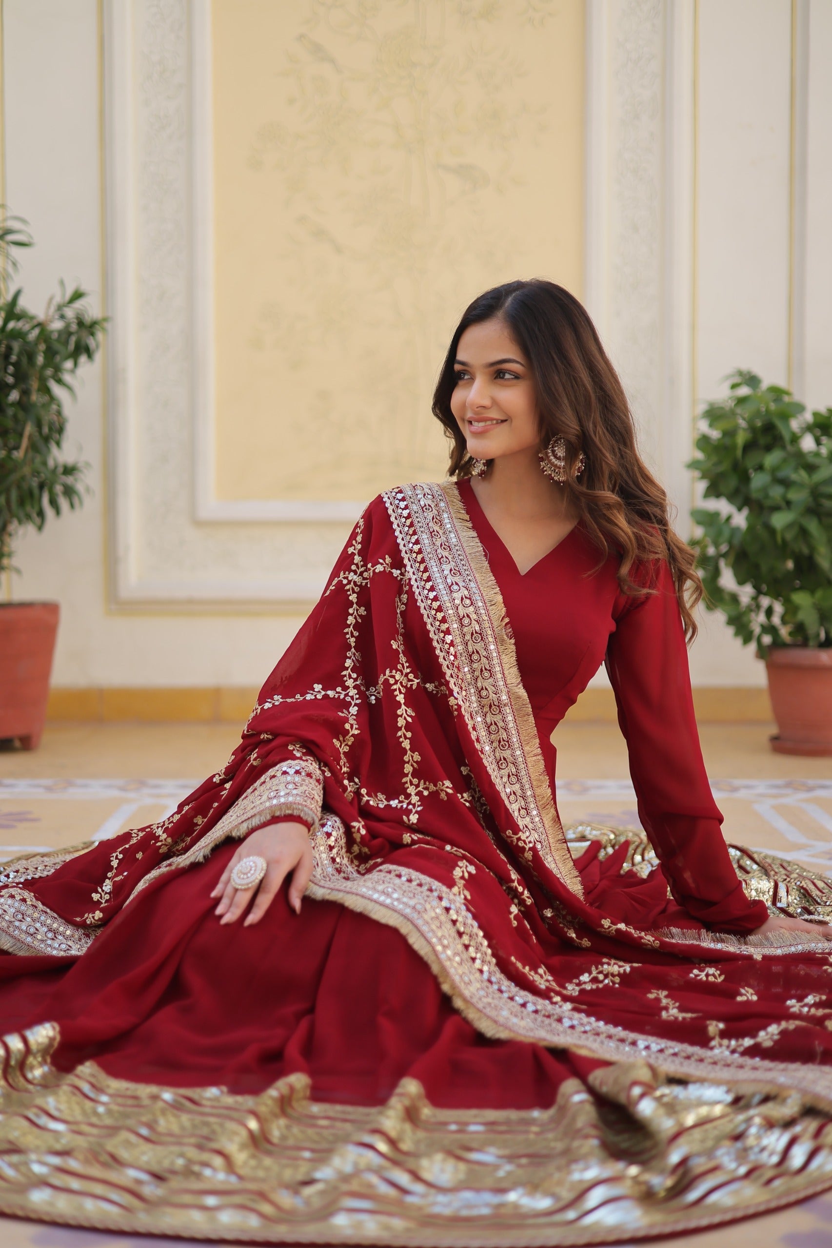 Wedding Wear Maroon Color Gown With Heavy Dupatta