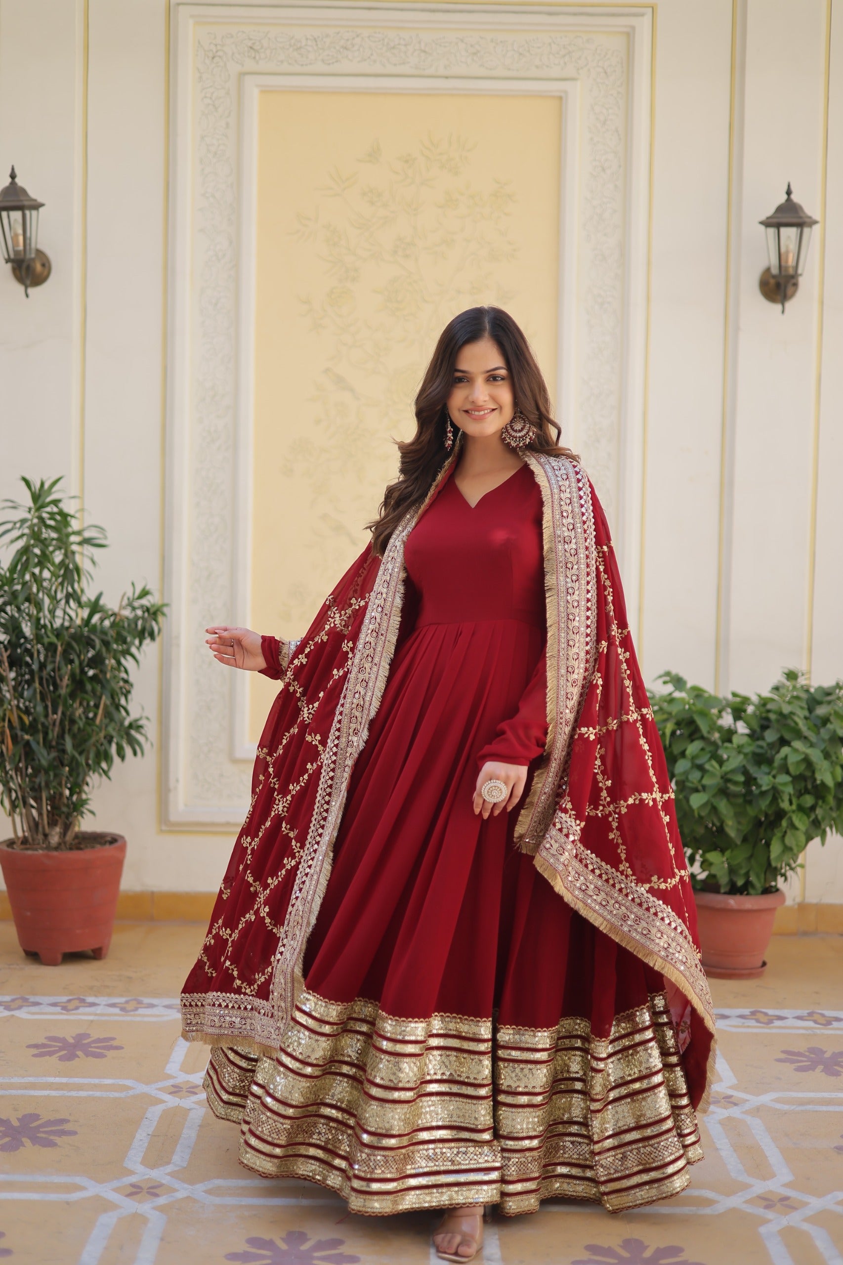 Wedding Wear Maroon Color Gown With Heavy Dupatta