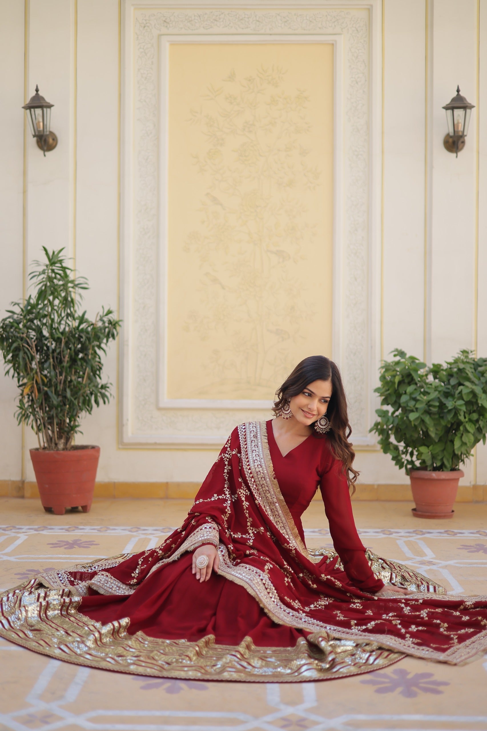 Wedding Wear Maroon Color Gown With Heavy Dupatta