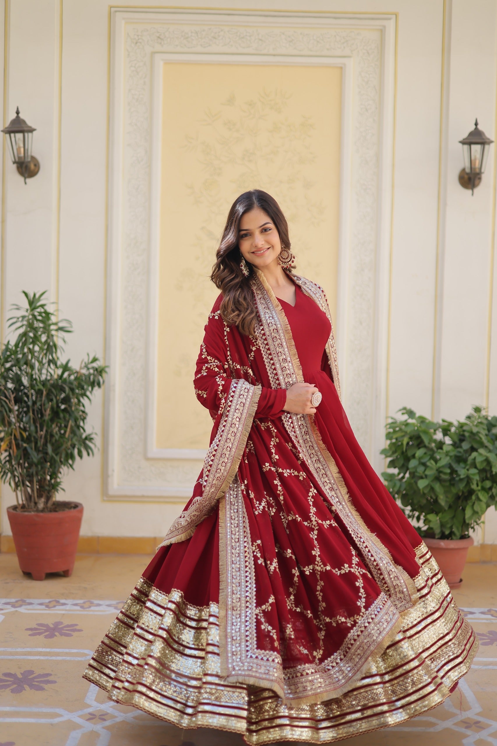 Wedding Wear Maroon Color Gown With Heavy Dupatta