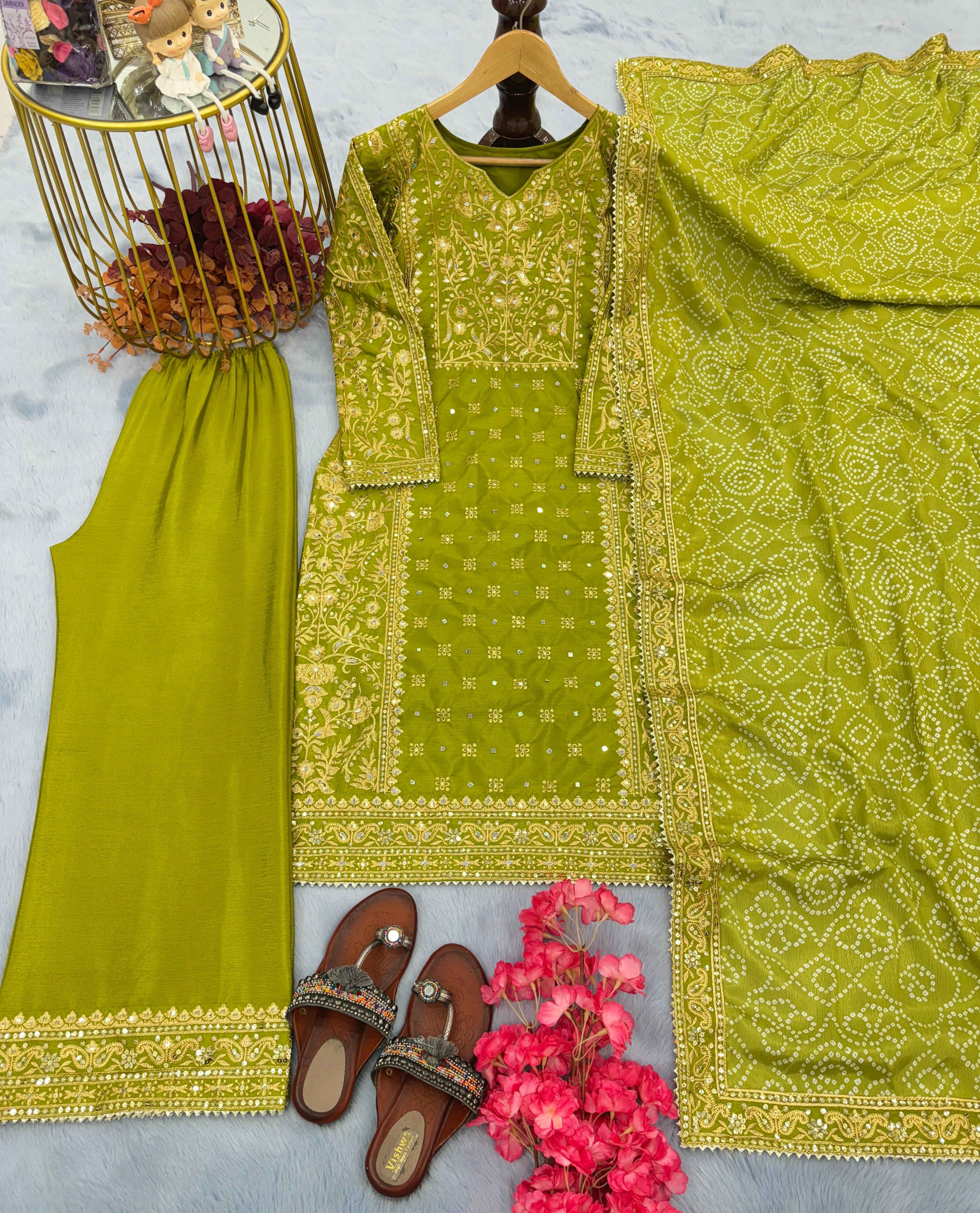 Mirror Embroidery Work Parrot Green Color Salwar Suit