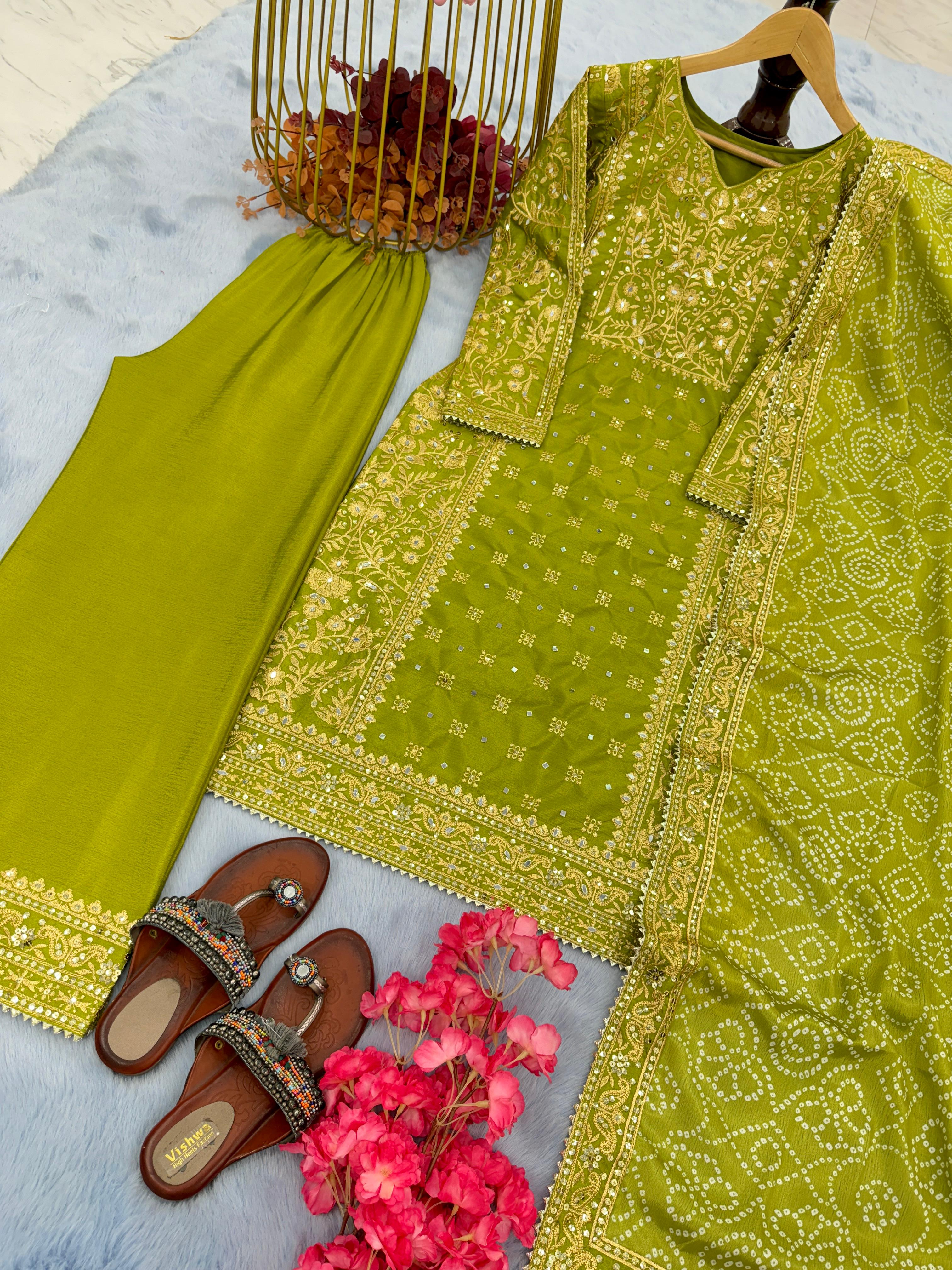 Mirror Embroidery Work Parrot Green Color Salwar Suit