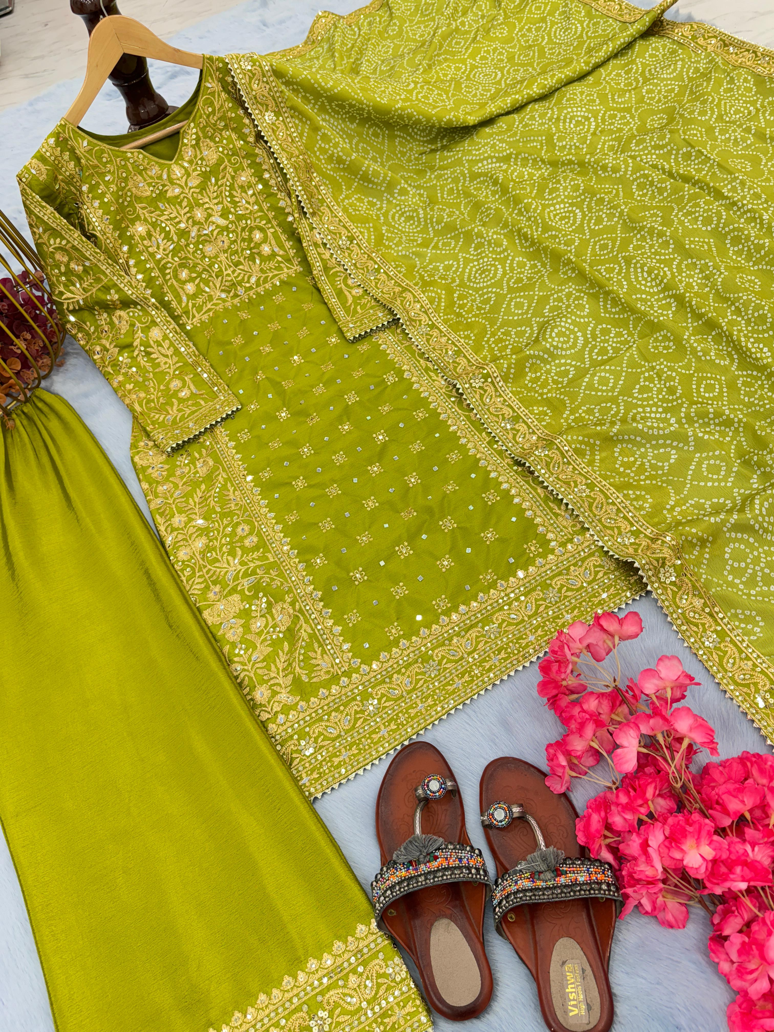 Mirror Embroidery Work Parrot Green Color Salwar Suit