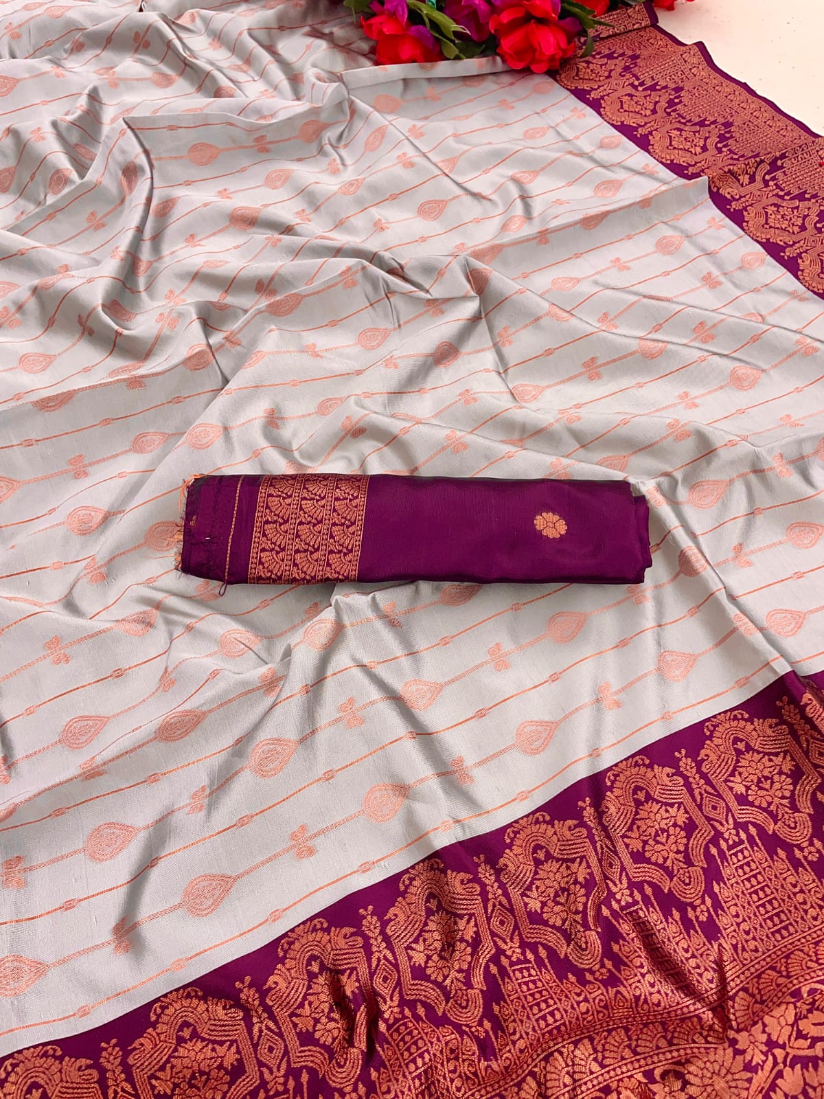 Soft Lichi Silk Beige Color With Purple Border Saree