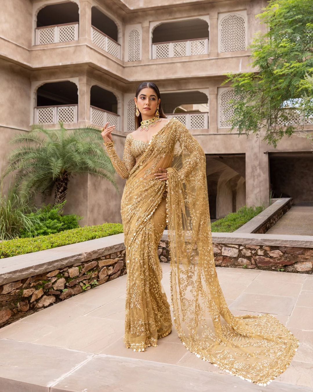 Party Wear Beige Color Net Sequence Work Saree