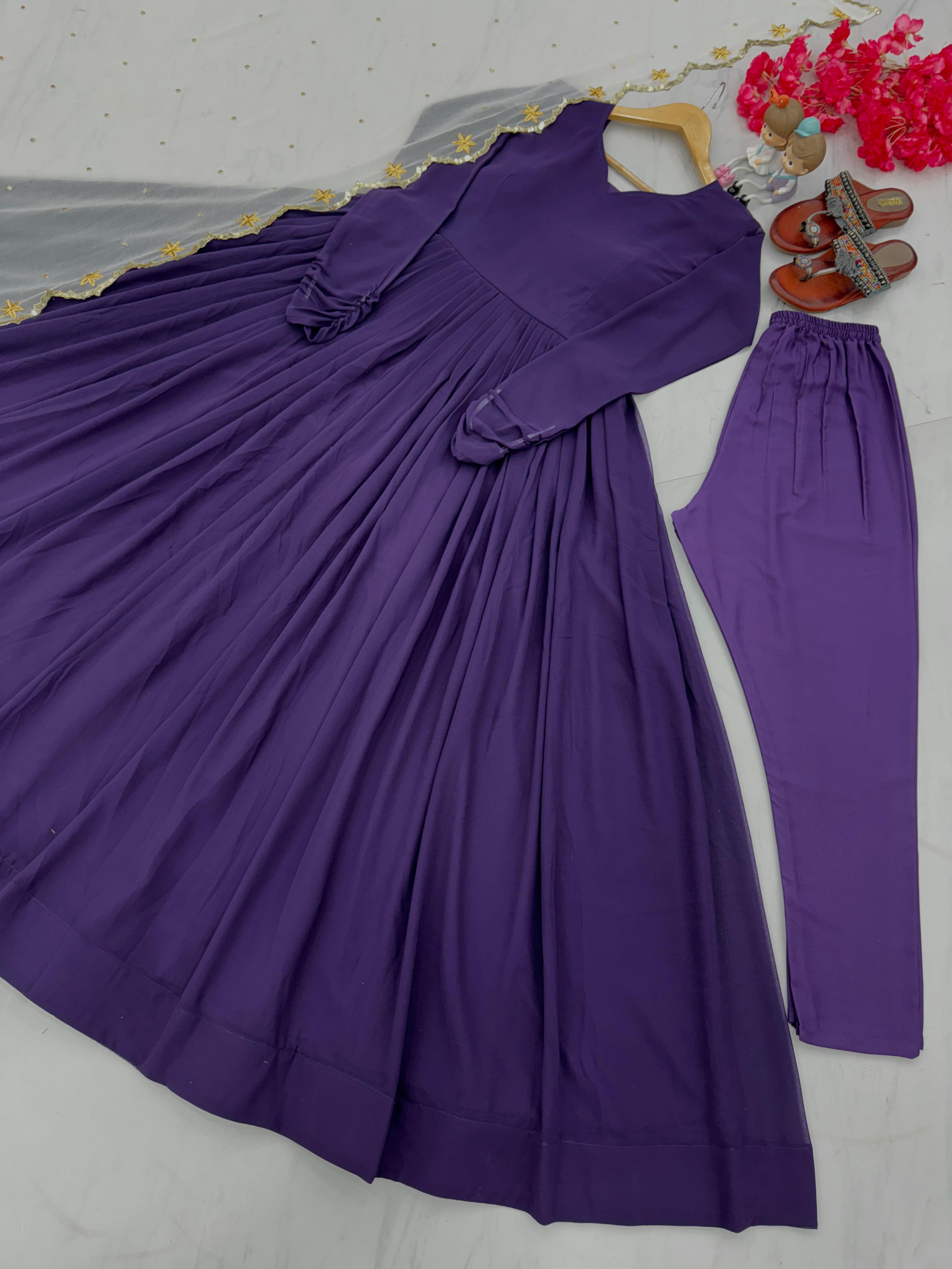 Pretty Plain Purple Color Gown With White Dupatta