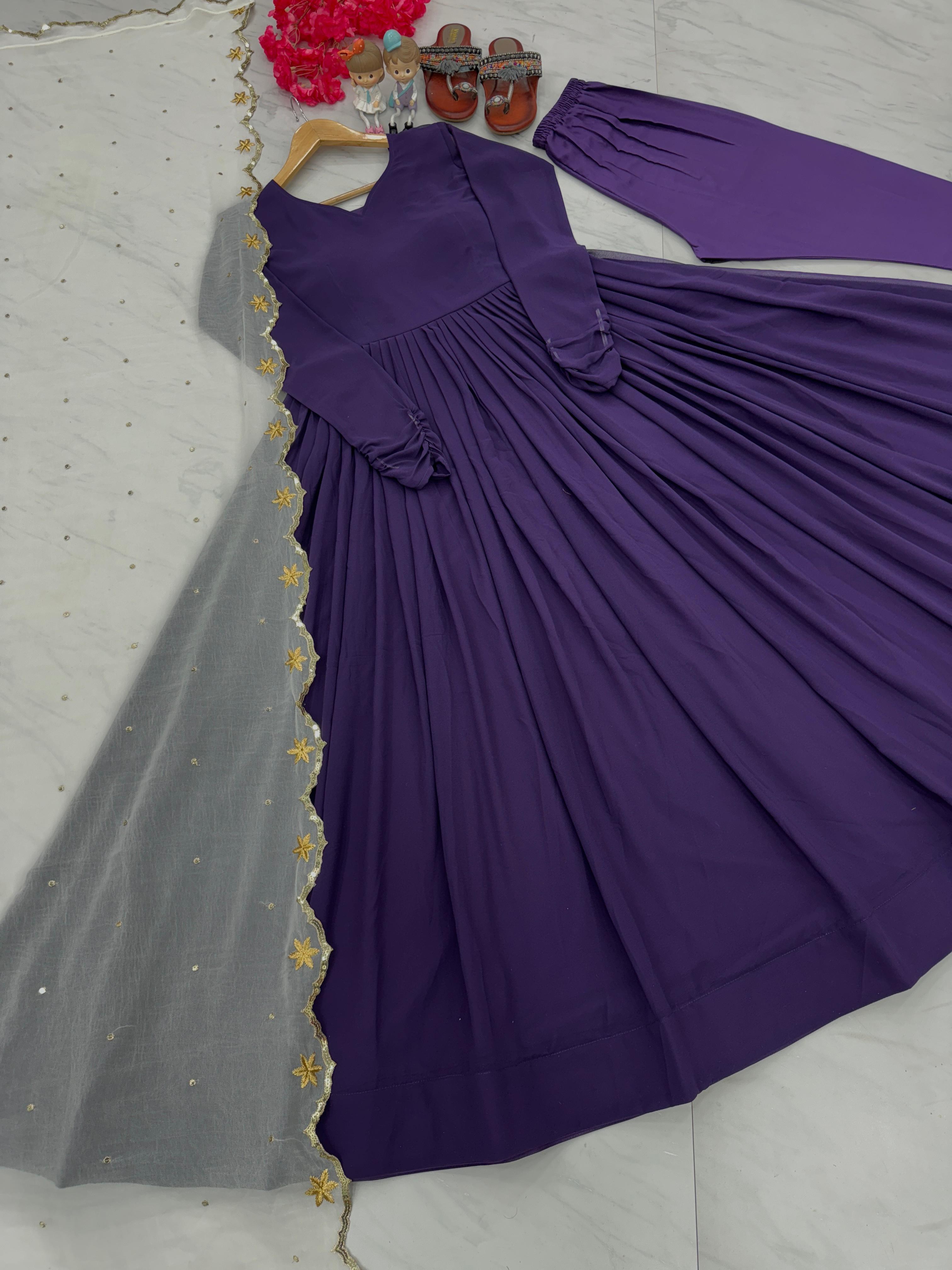 Pretty Plain Purple Color Gown With White Dupatta