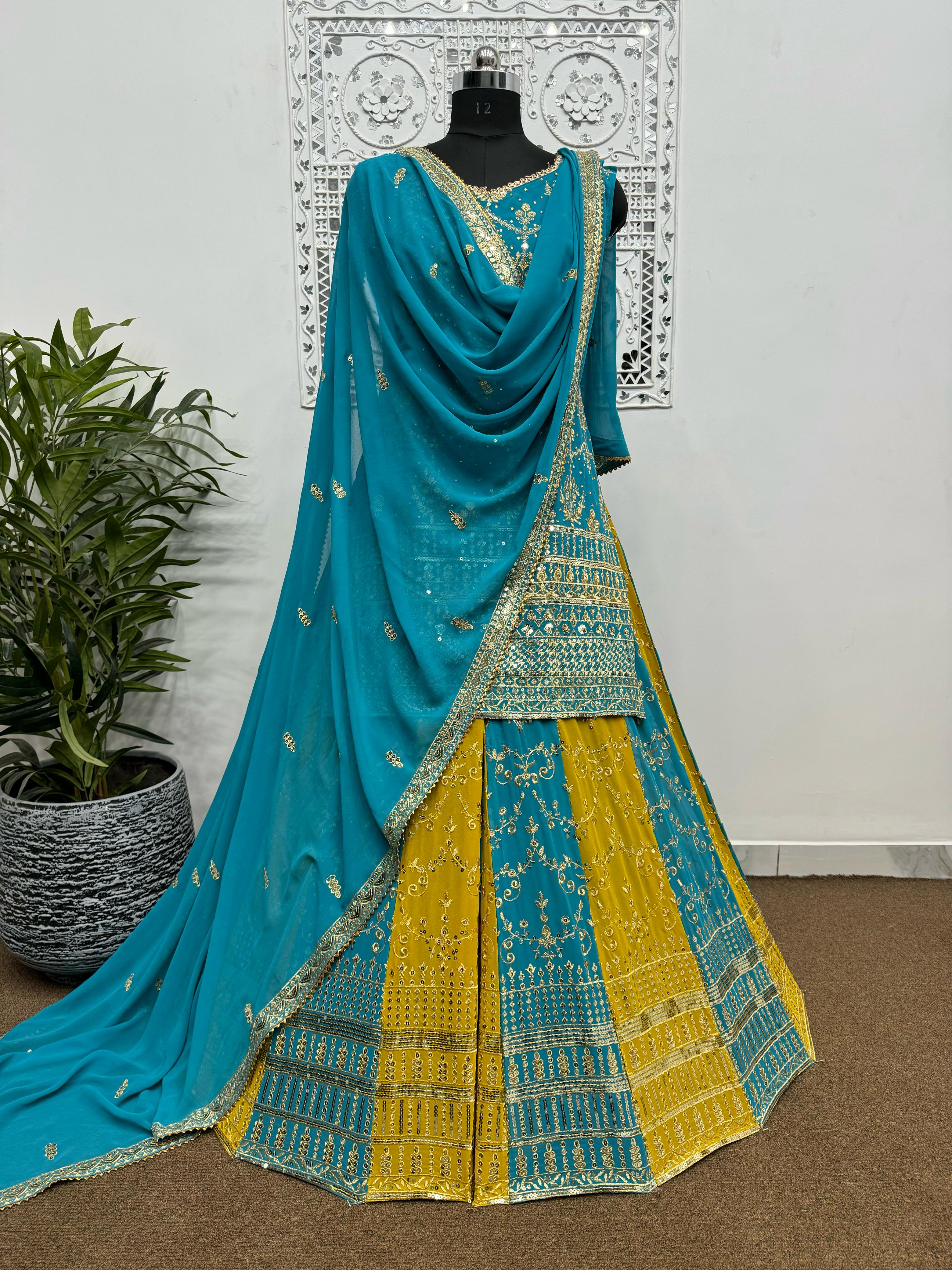 Stylish Embroidery Work Yellow With Blue Color Sharara Suit