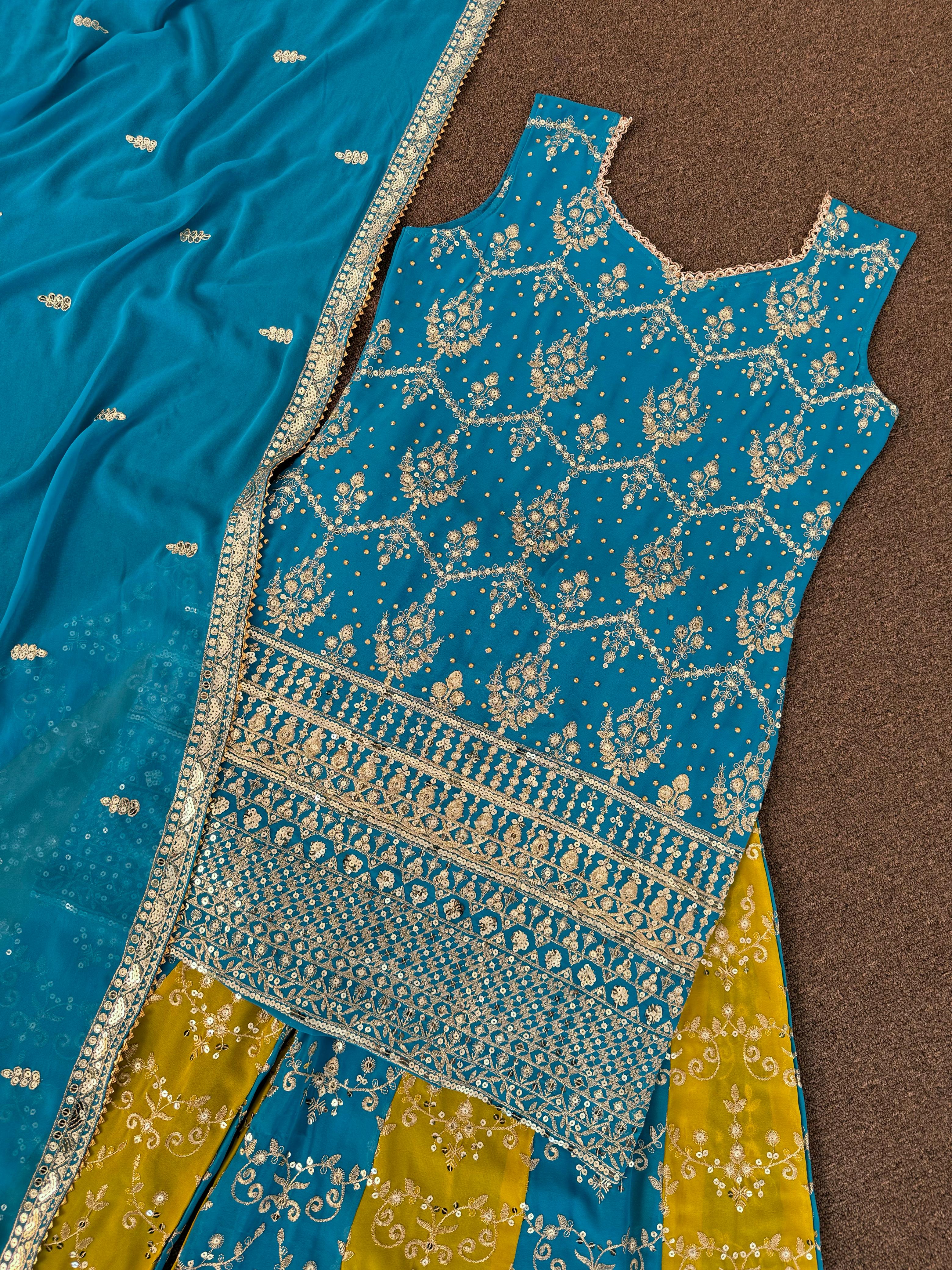 Stylish Embroidery Work Yellow With Blue Color Sharara Suit