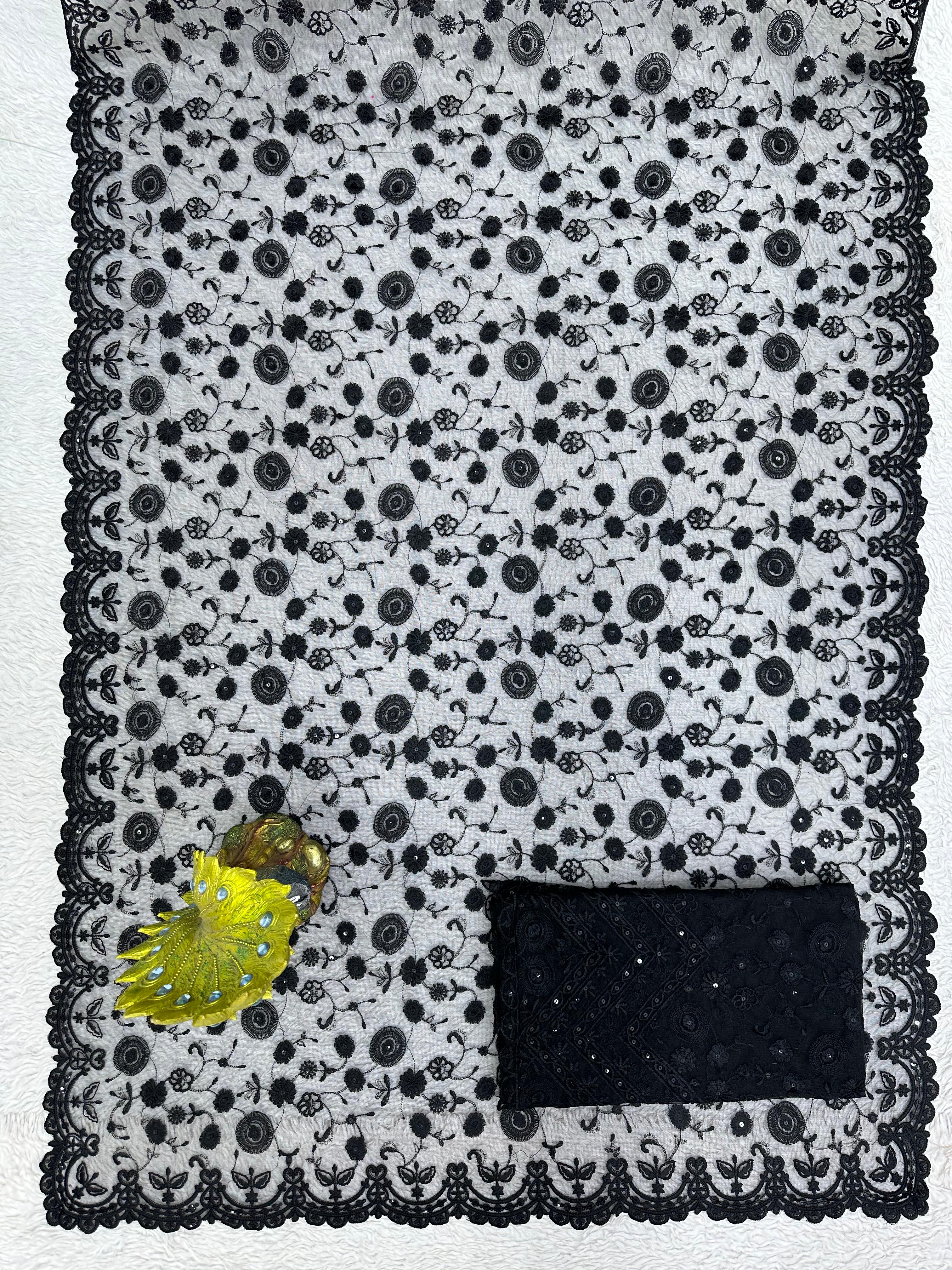 Embellished Sequence Work Black Color Net Saree