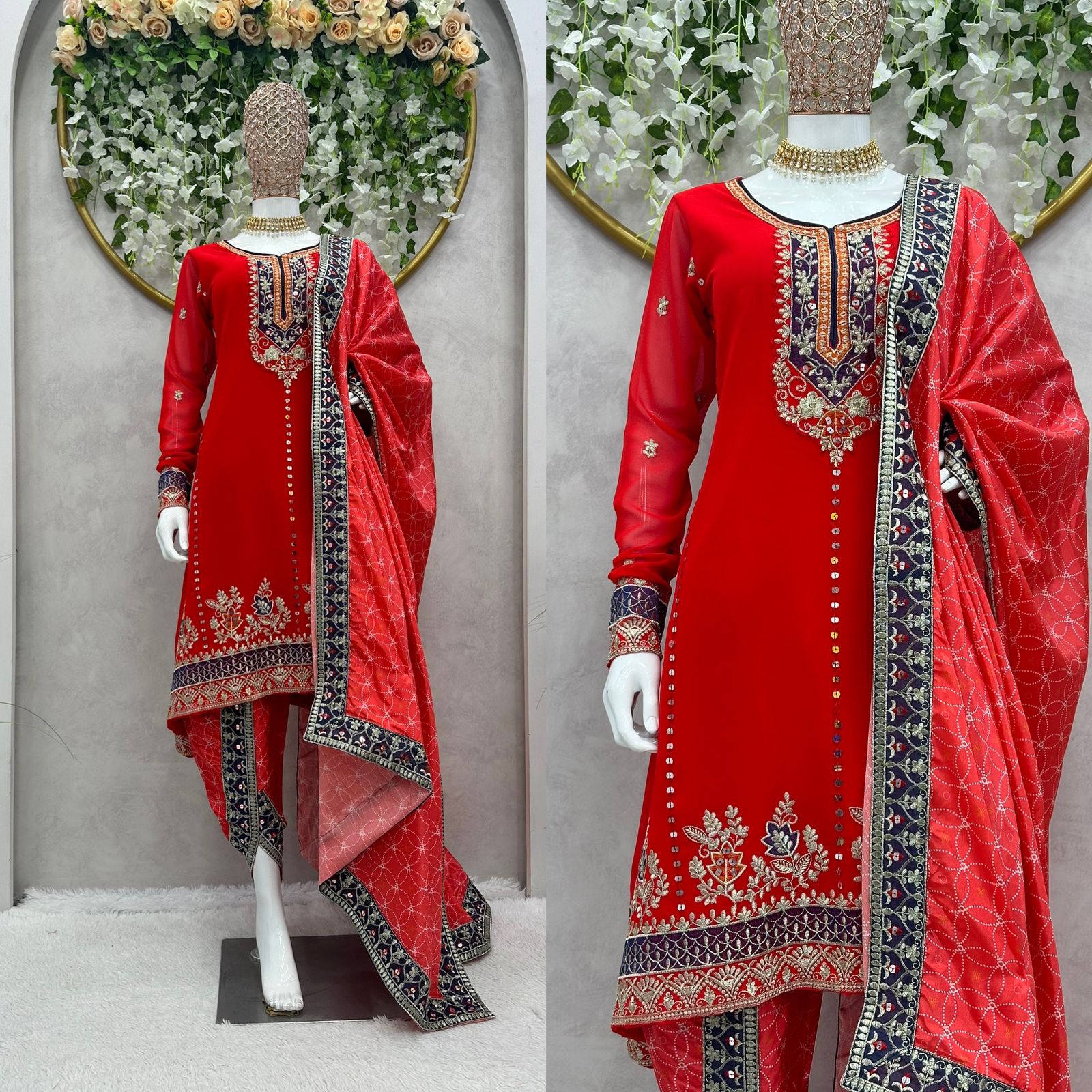 Stylish Red Color Sequence Thread Work Dhoti Suit